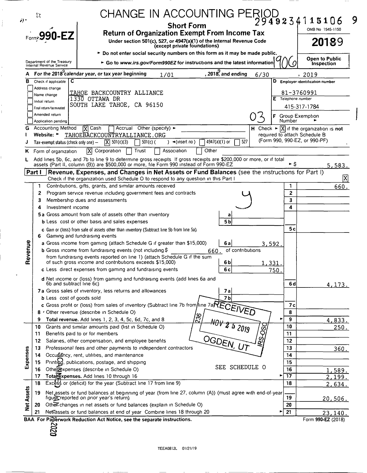 Image of first page of 2018 Form 990EZ for Tahoe Backcountry Alliance