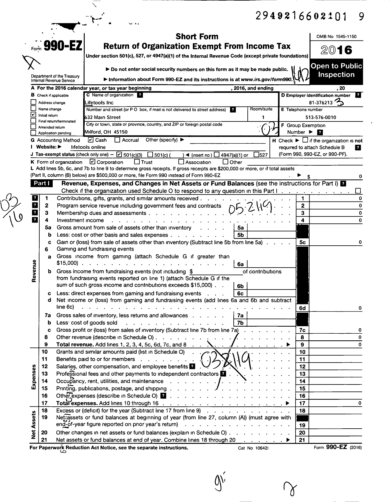 Image of first page of 2016 Form 990EZ for Life Tools