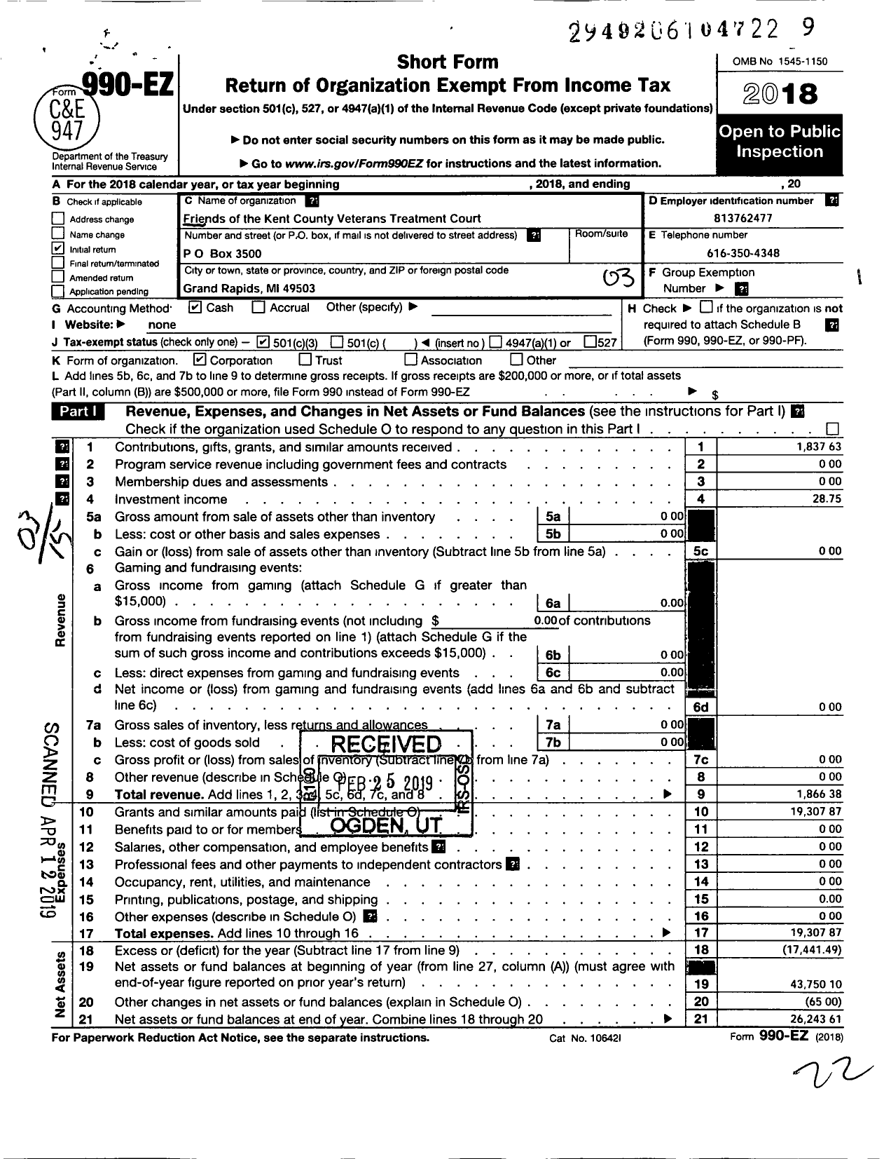 Image of first page of 2018 Form 990EZ for Friends of the Kent County Veterans Treatment Court