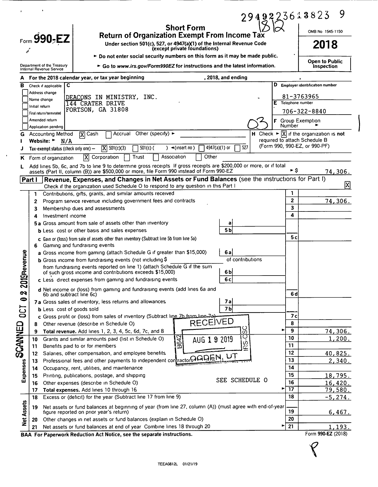 Image of first page of 2018 Form 990EZ for Deacons in Ministry