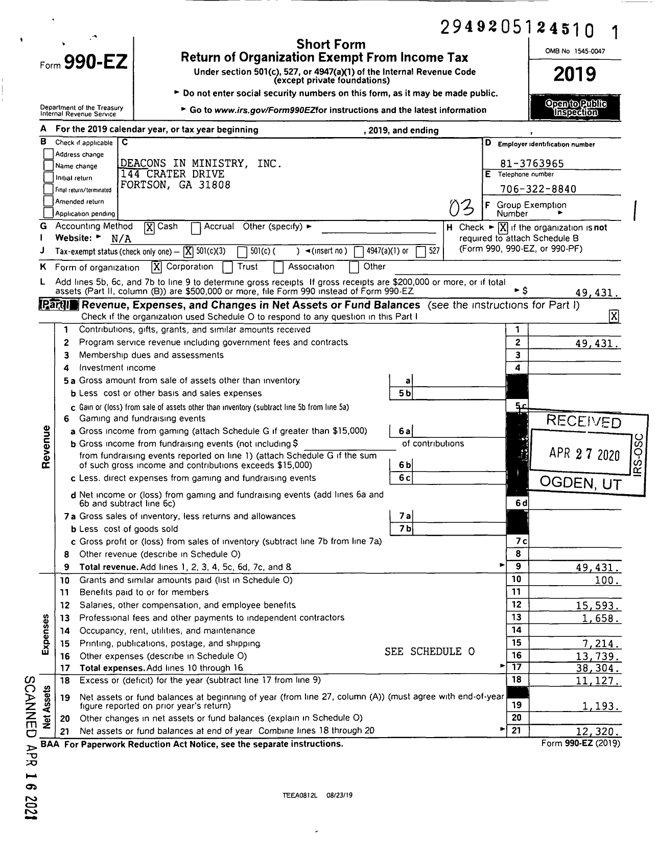 Image of first page of 2019 Form 990EZ for Deacons in Ministry