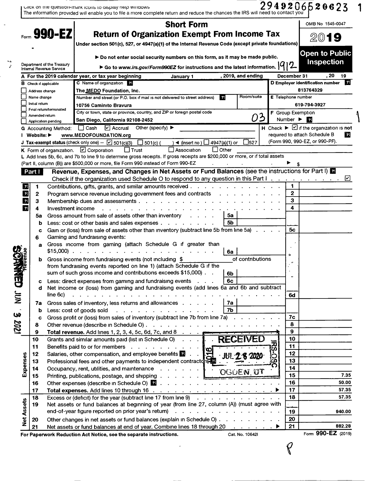 Image of first page of 2019 Form 990EZ for The Medo Foundation Erica R Serbin