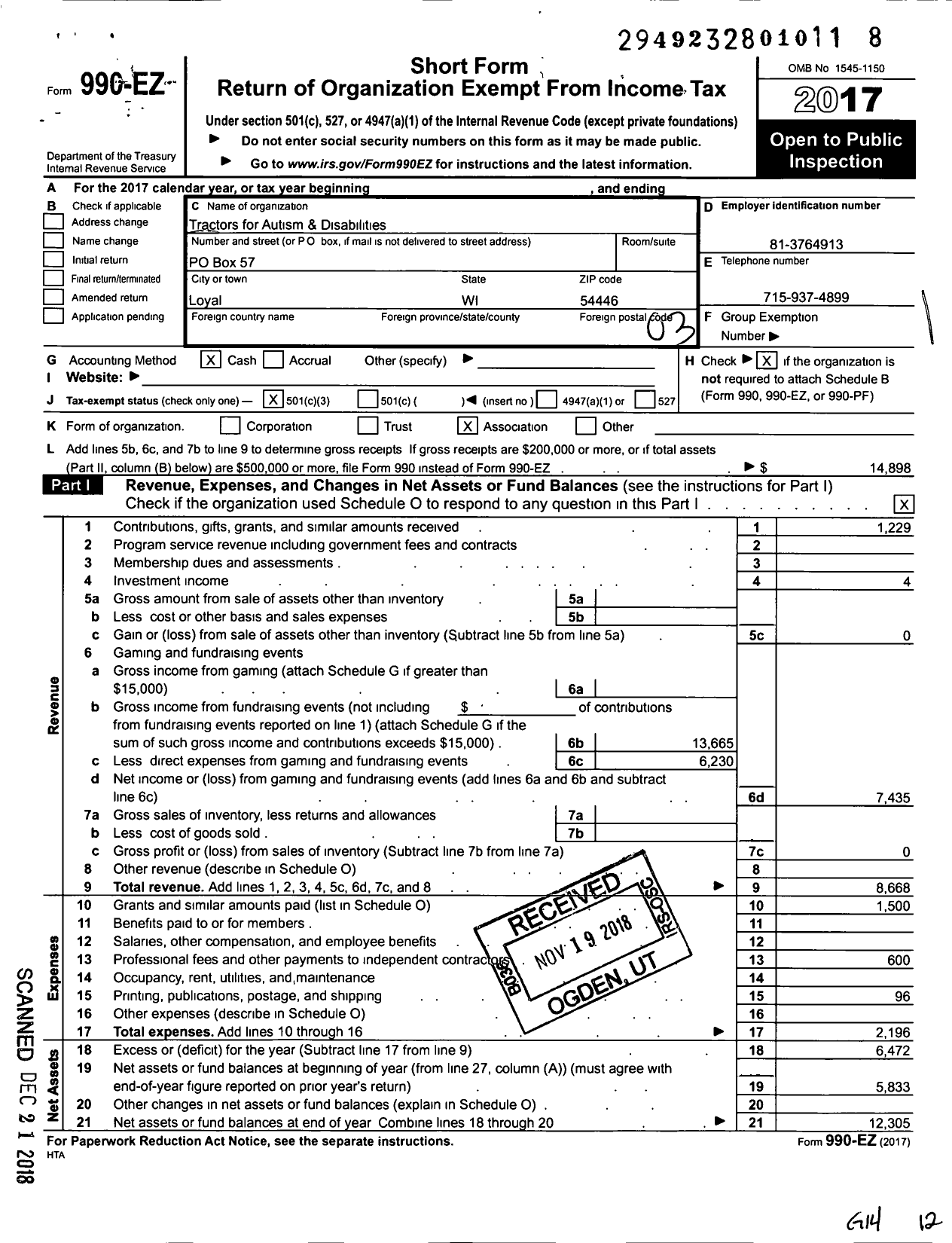 Image of first page of 2017 Form 990EZ for Tractors for Autism and Disabilities