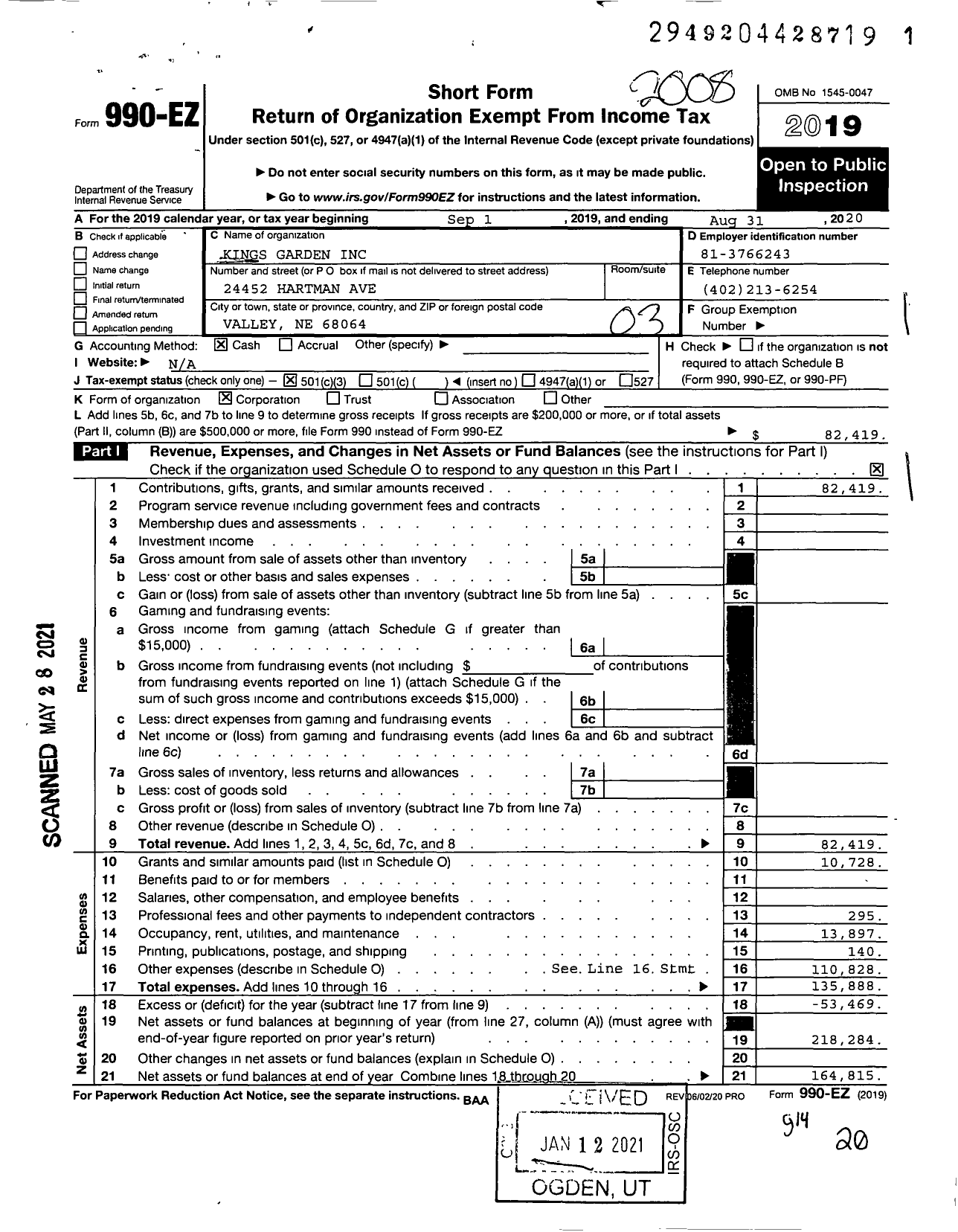 Image of first page of 2019 Form 990EZ for Kings Garden