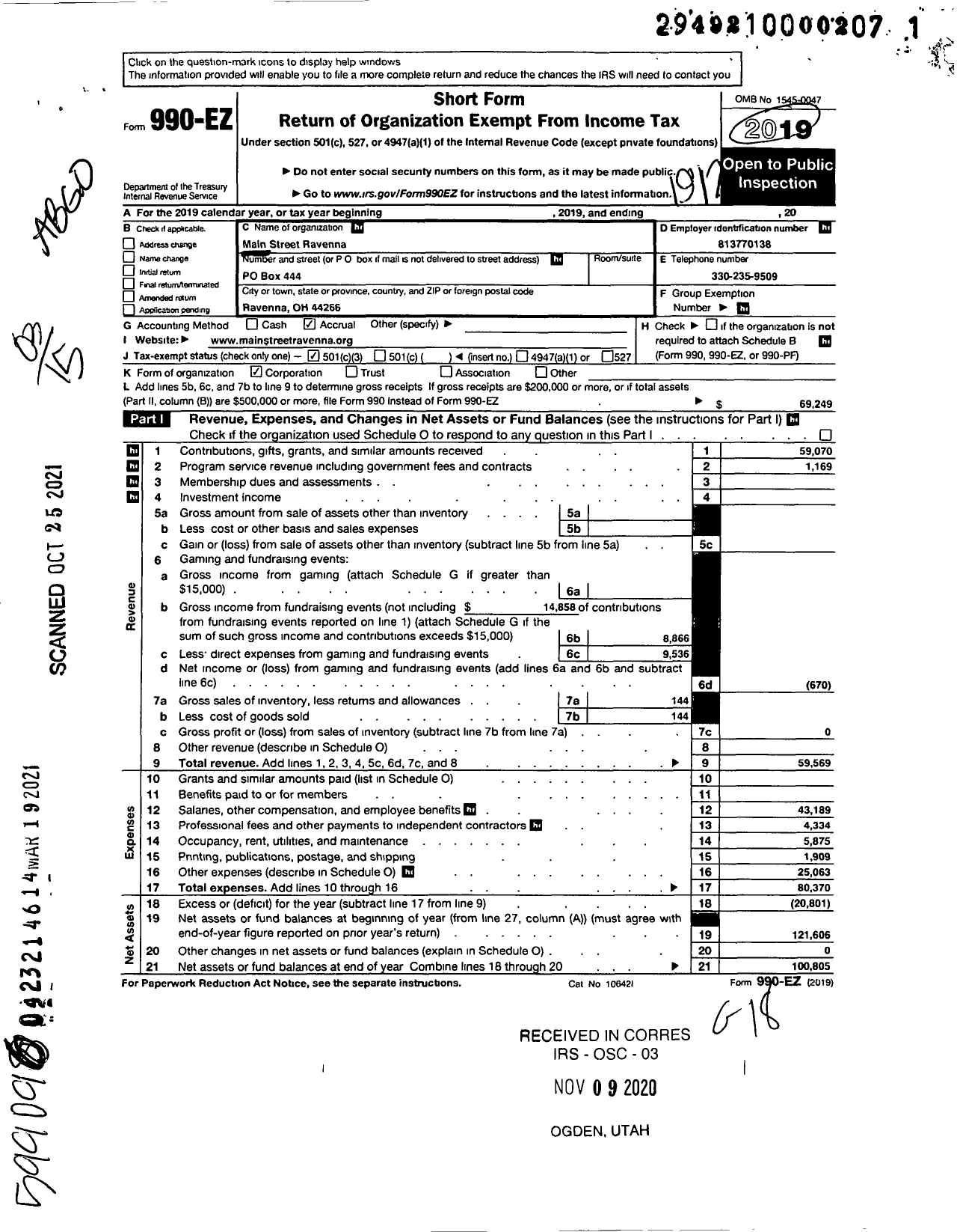 Image of first page of 2019 Form 990EZ for Main Street Ravenna