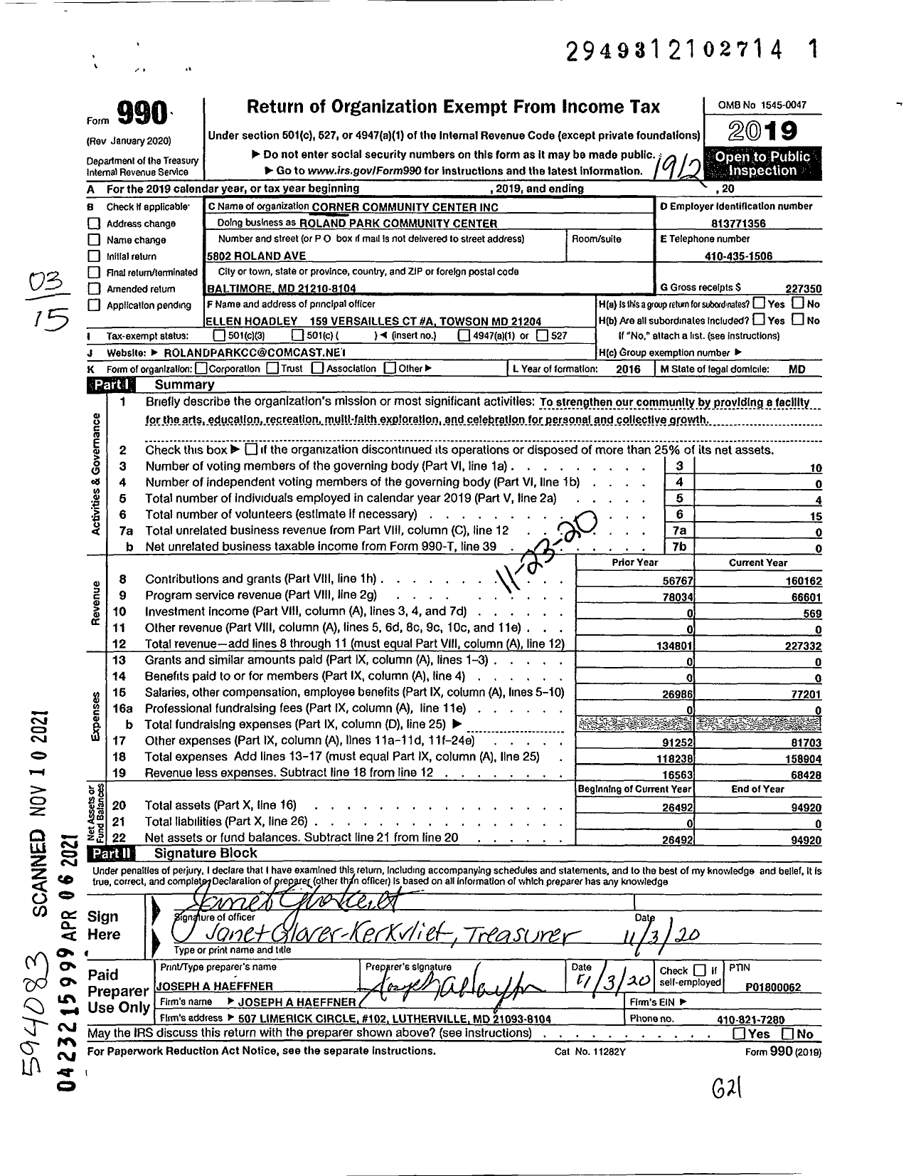 Image of first page of 2019 Form 990 for Corner Community Center