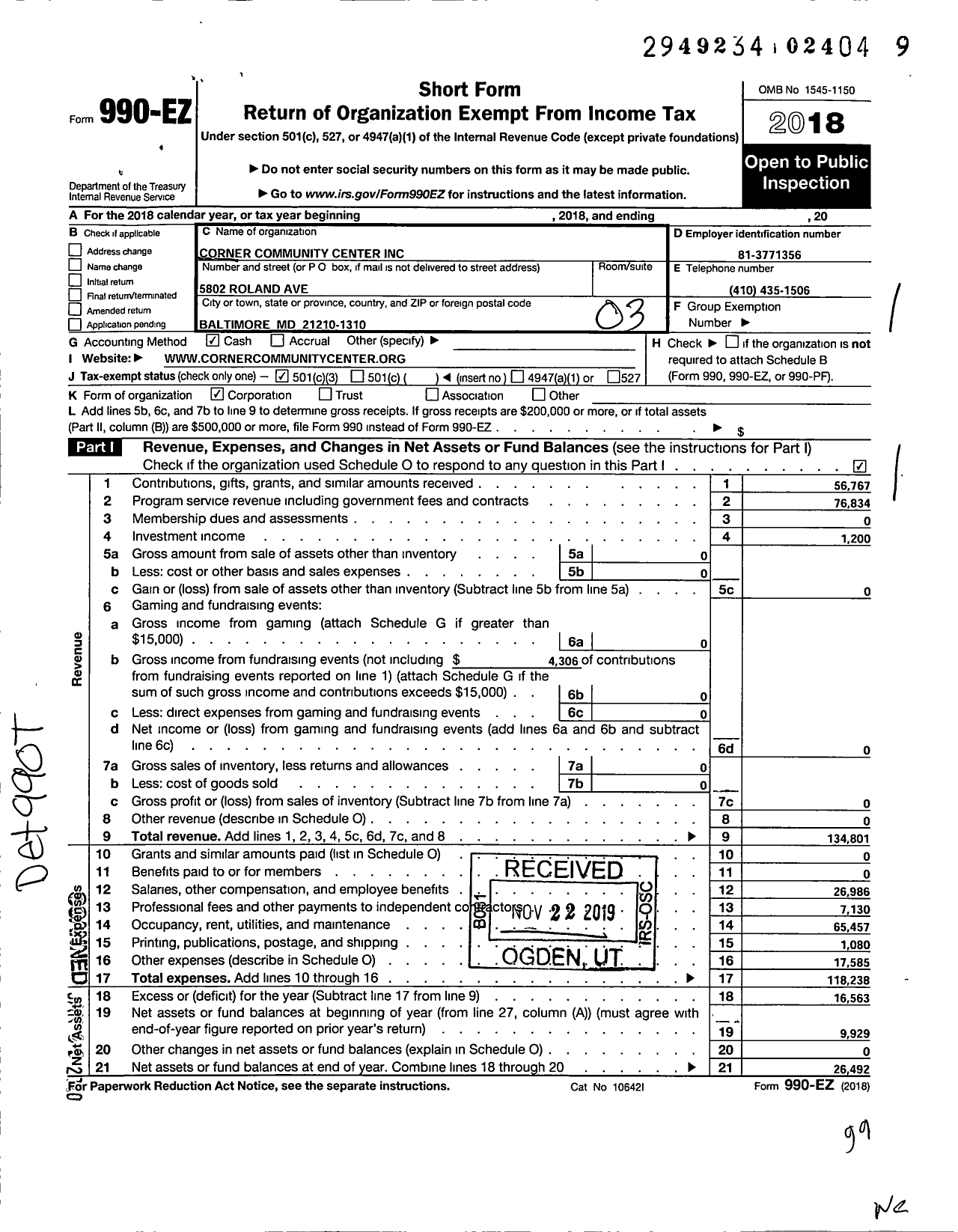 Image of first page of 2018 Form 990EZ for Corner Community Center