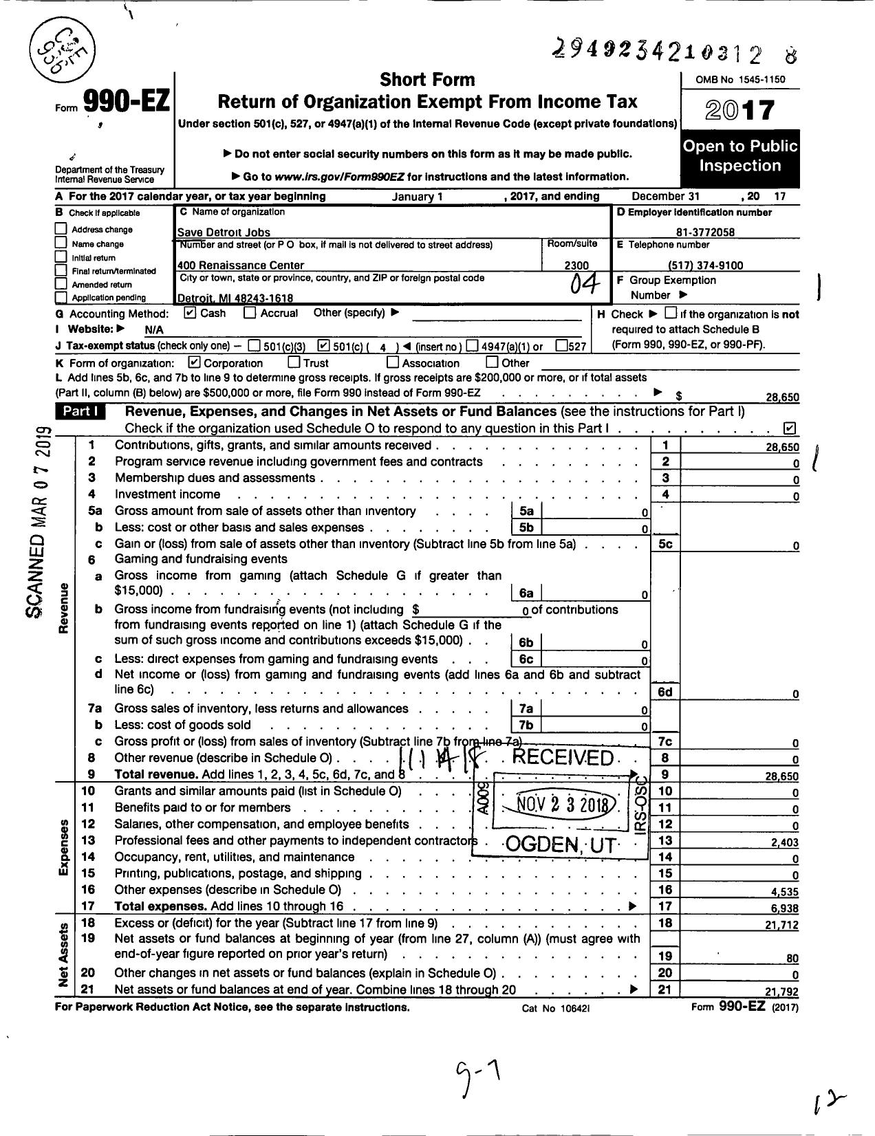 Image of first page of 2017 Form 990EO for SAVE Detroit JOBS DBA Impact Detroit DBA Detroit Leaders