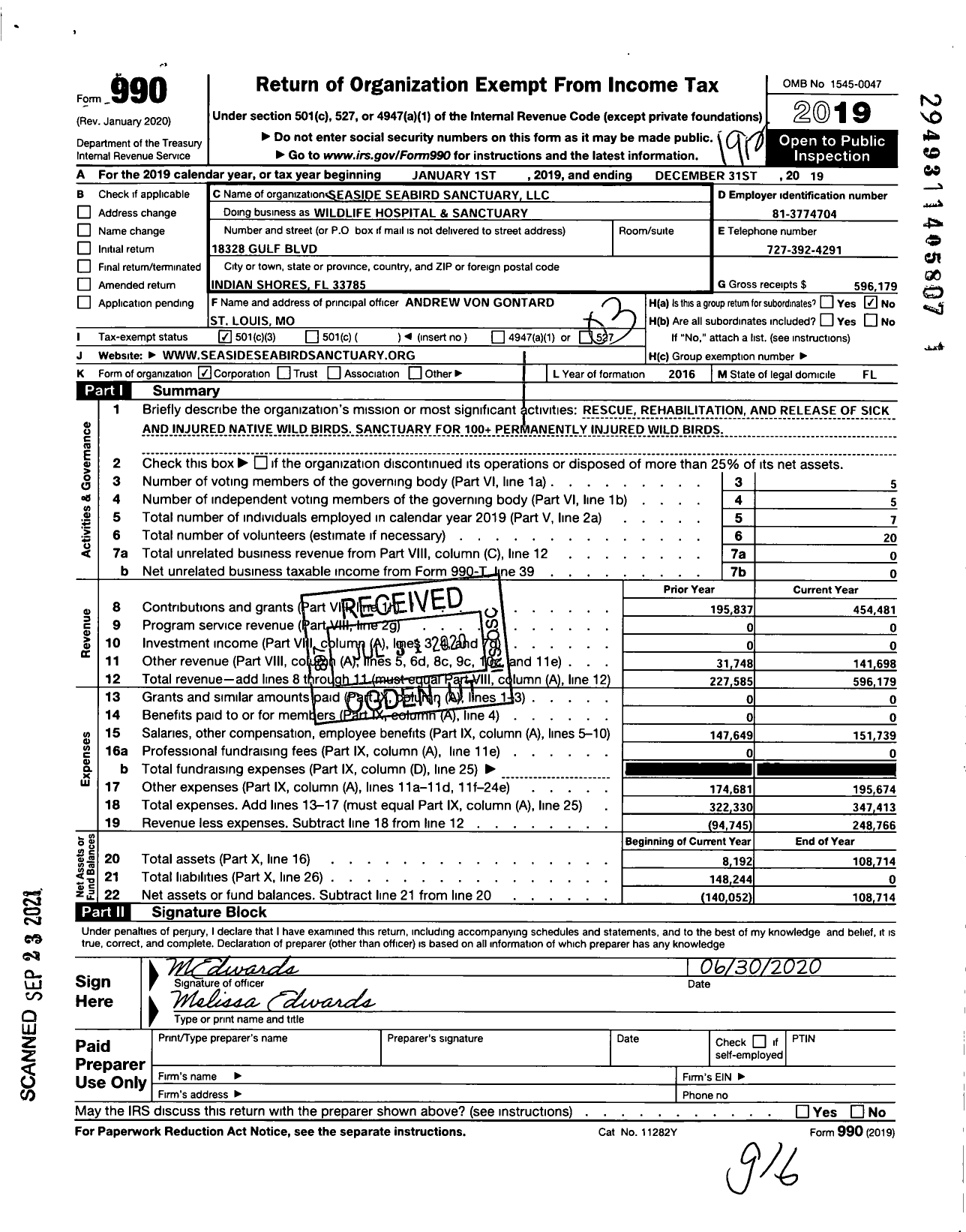 Image of first page of 2019 Form 990 for Seaside Seabird Sanctuary