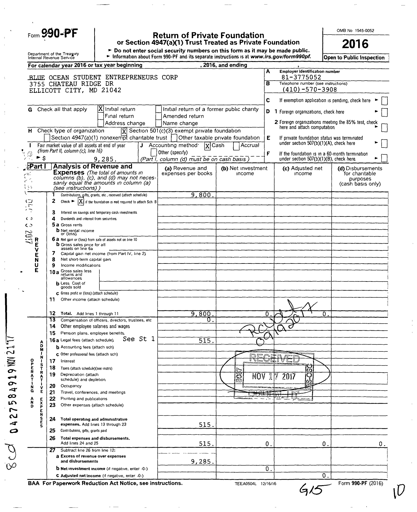 Image of first page of 2016 Form 990PF for Blue Ocean Student Entrepreneurs Corporation