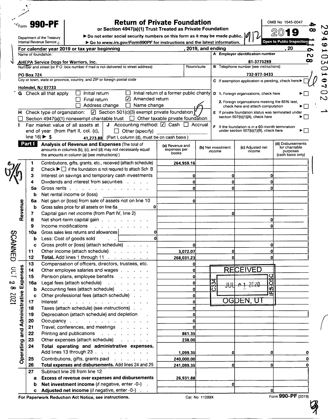 Image of first page of 2019 Form 990PF for Ahepa Service Dogs for Warriors