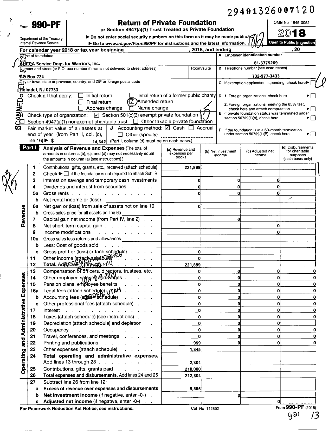 Image of first page of 2018 Form 990PF for Ahepa Service Dogs for Warriors