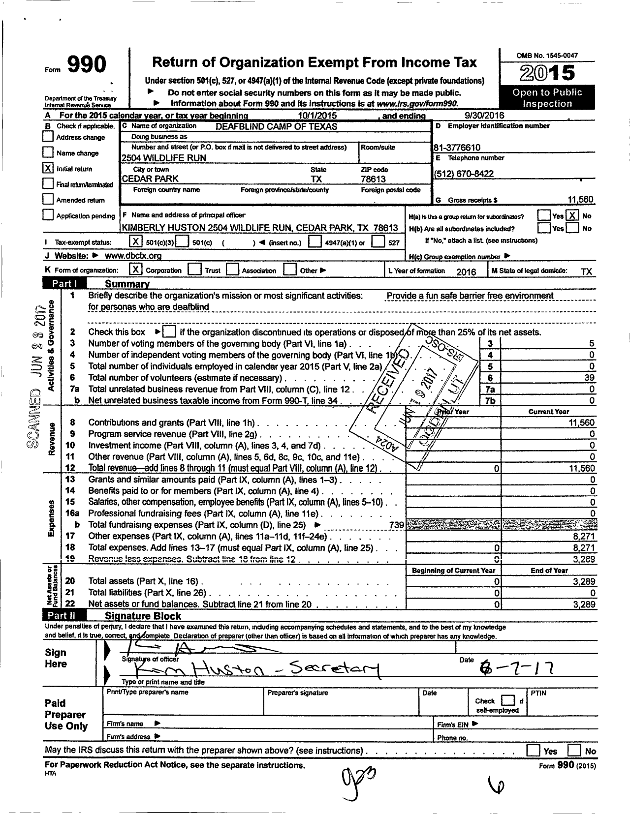 Image of first page of 2015 Form 990 for Deafblind Camp of Texas