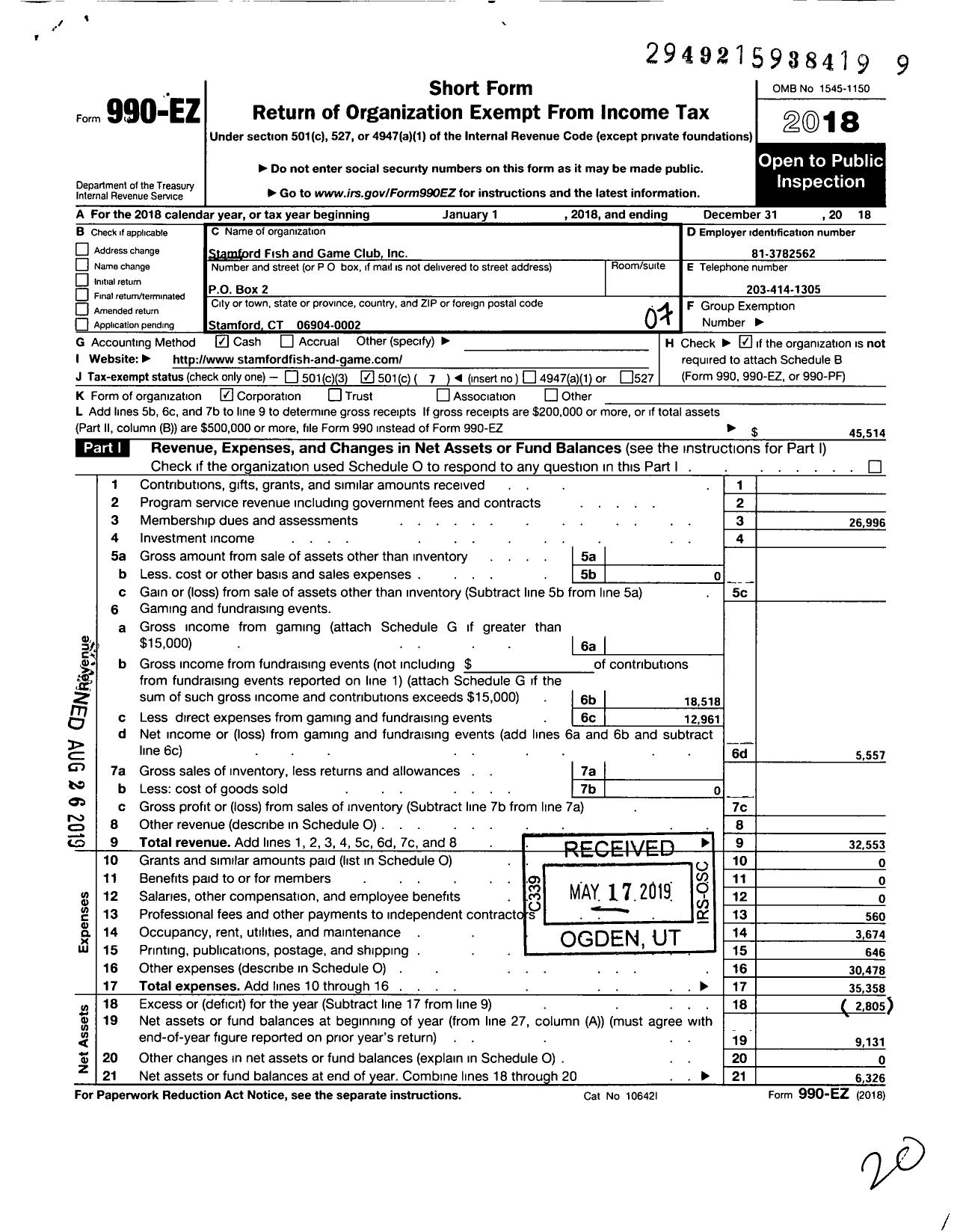 Image of first page of 2018 Form 990EO for Stamford Fish and Game Club