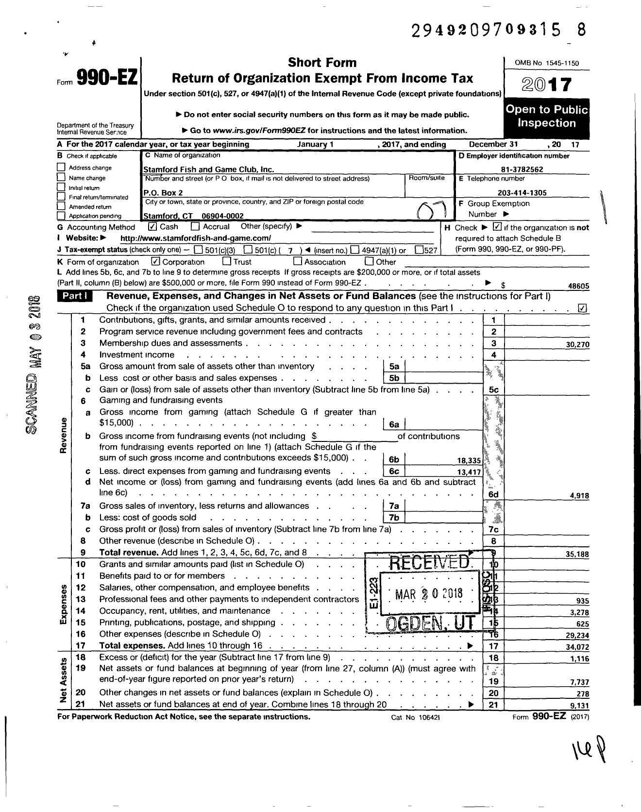 Image of first page of 2017 Form 990EO for Stamford Fish and Game Club