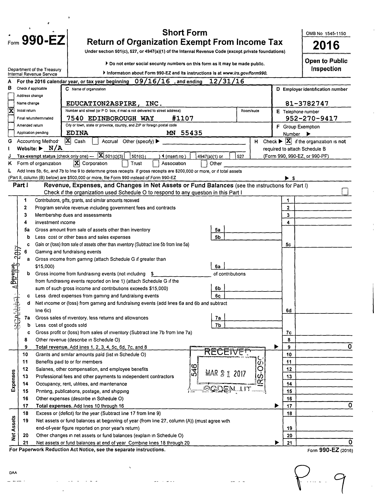 Image of first page of 2016 Form 990EZ for Education2aspire