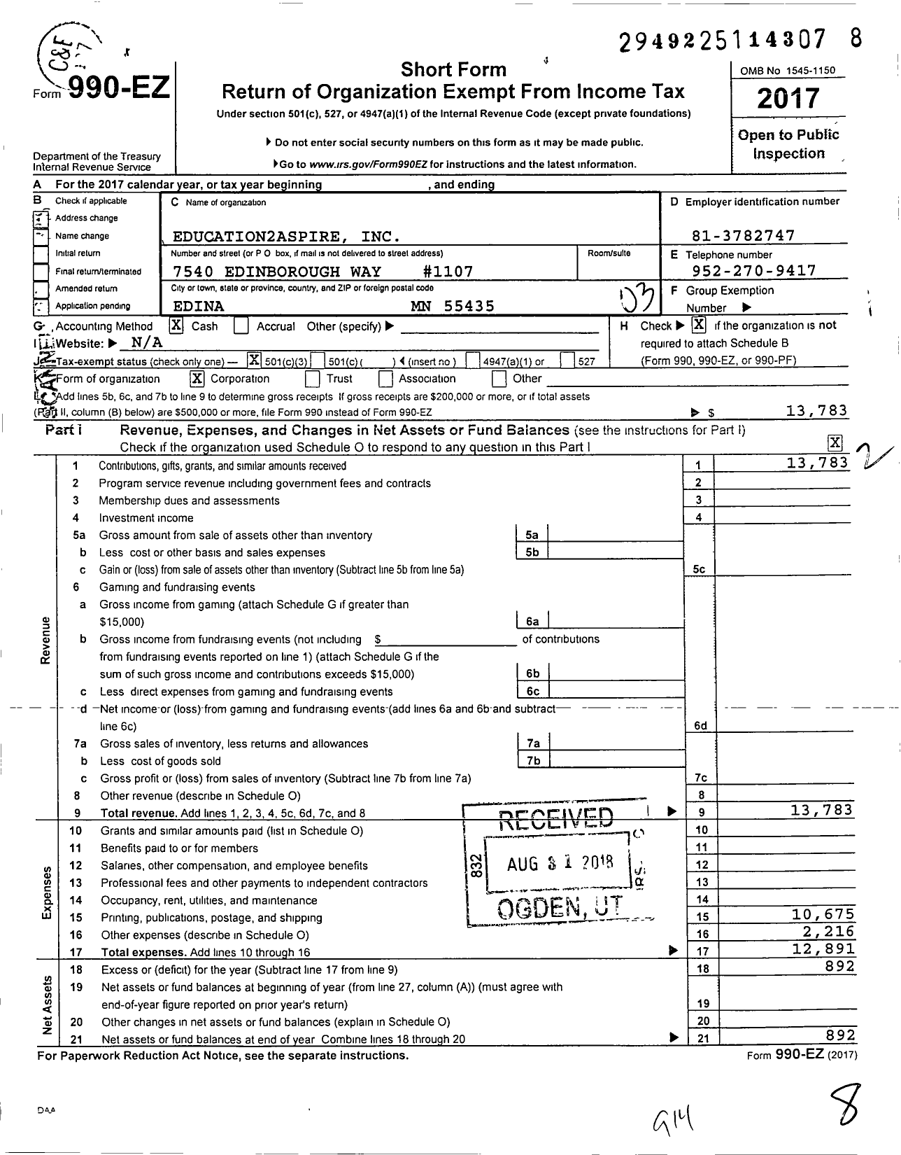 Image of first page of 2017 Form 990EZ for Education2aspire