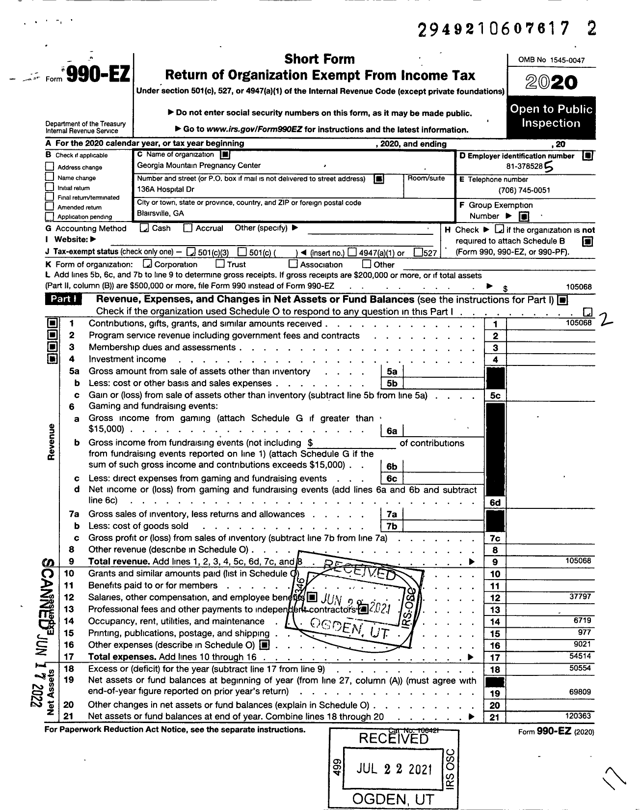 Image of first page of 2020 Form 990EZ for Georgia Mountain Pregnancy Center