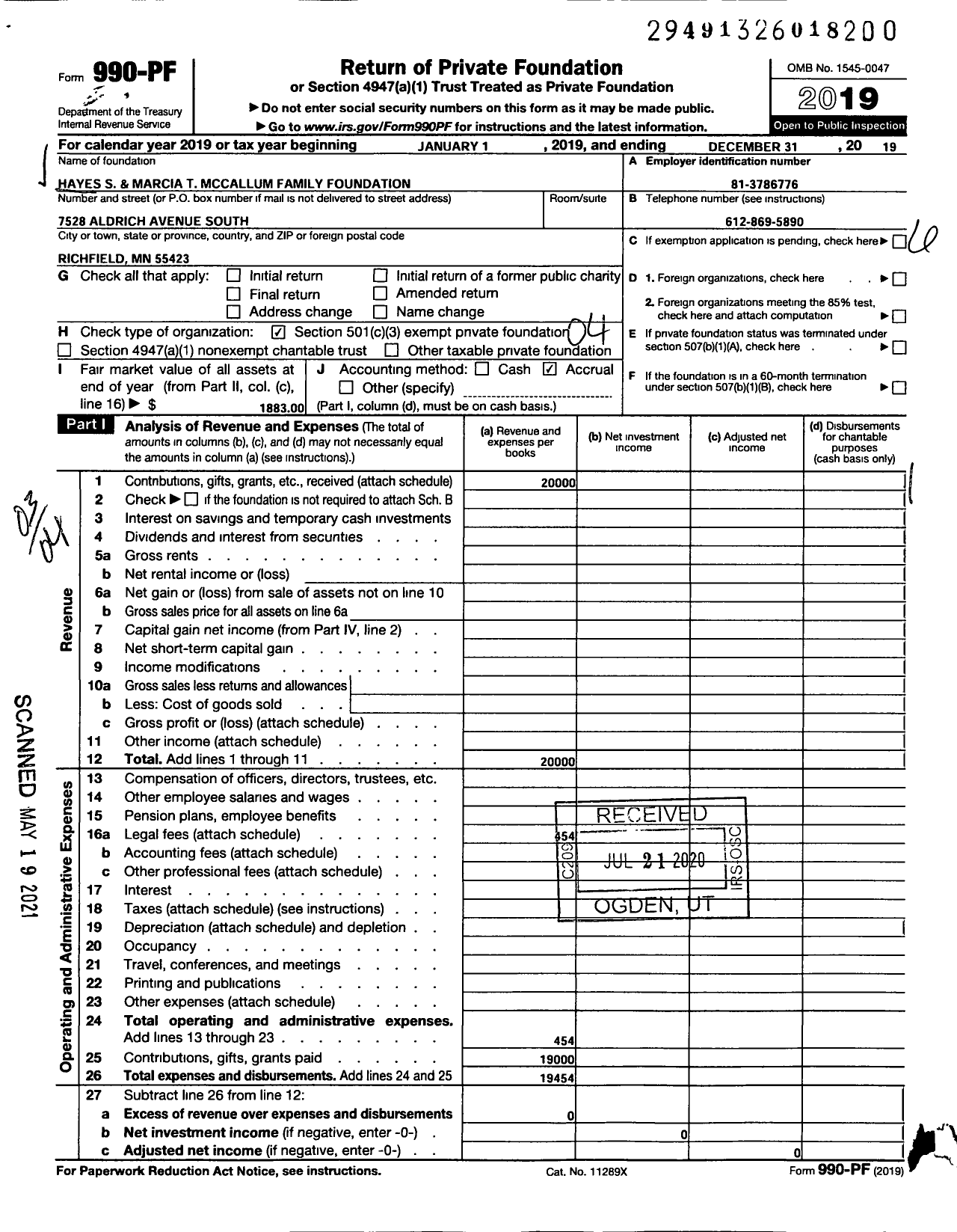 Image of first page of 2019 Form 990PF for Hayes S and Marcia T Mccallum Family Foundation