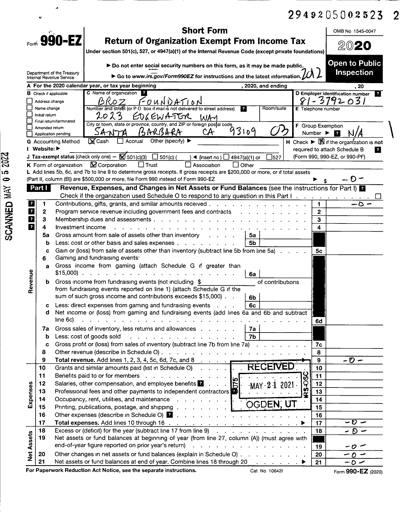 Image of first page of 2020 Form 990EZ for Broz Foundation