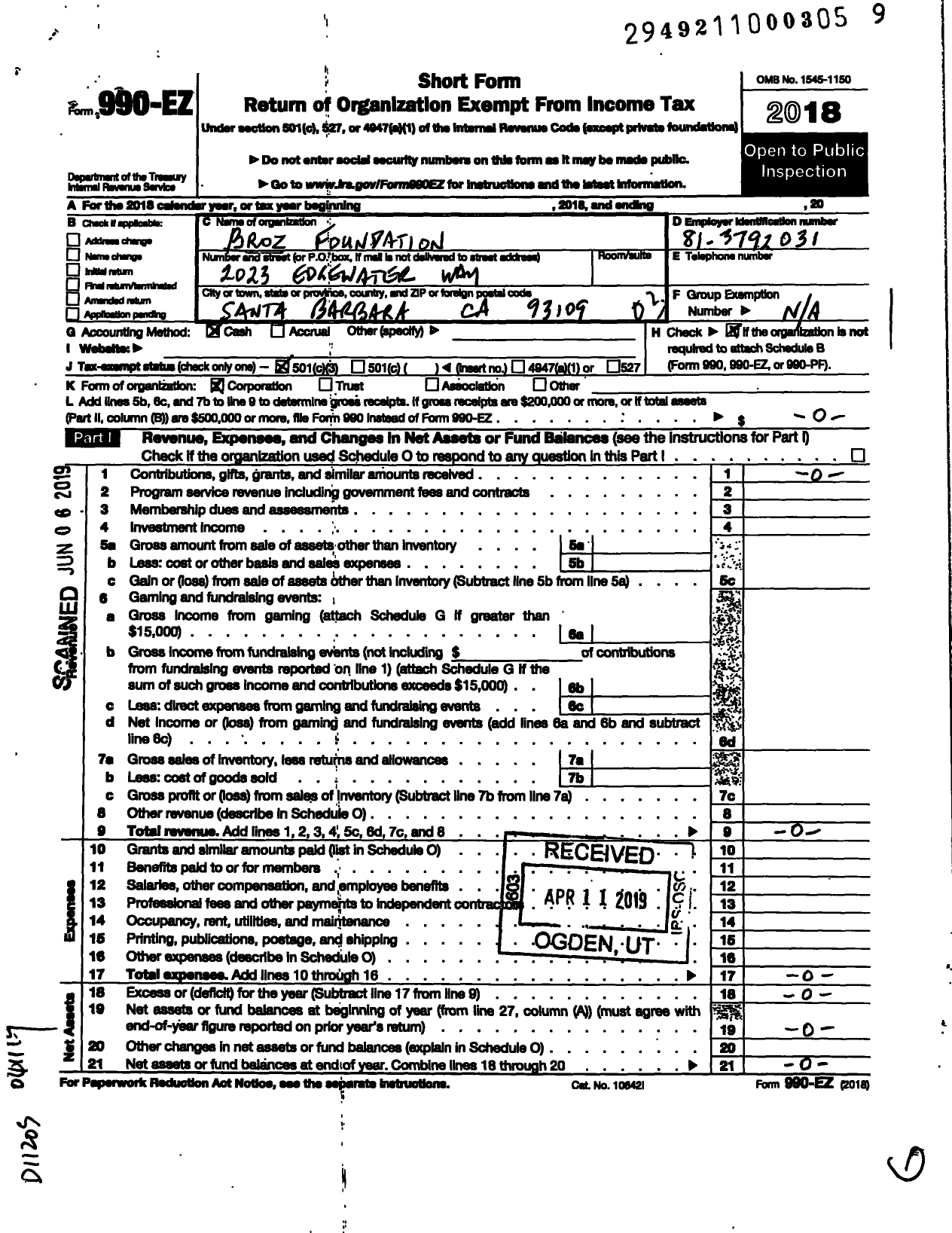 Image of first page of 2018 Form 990EZ for Broz Foundation