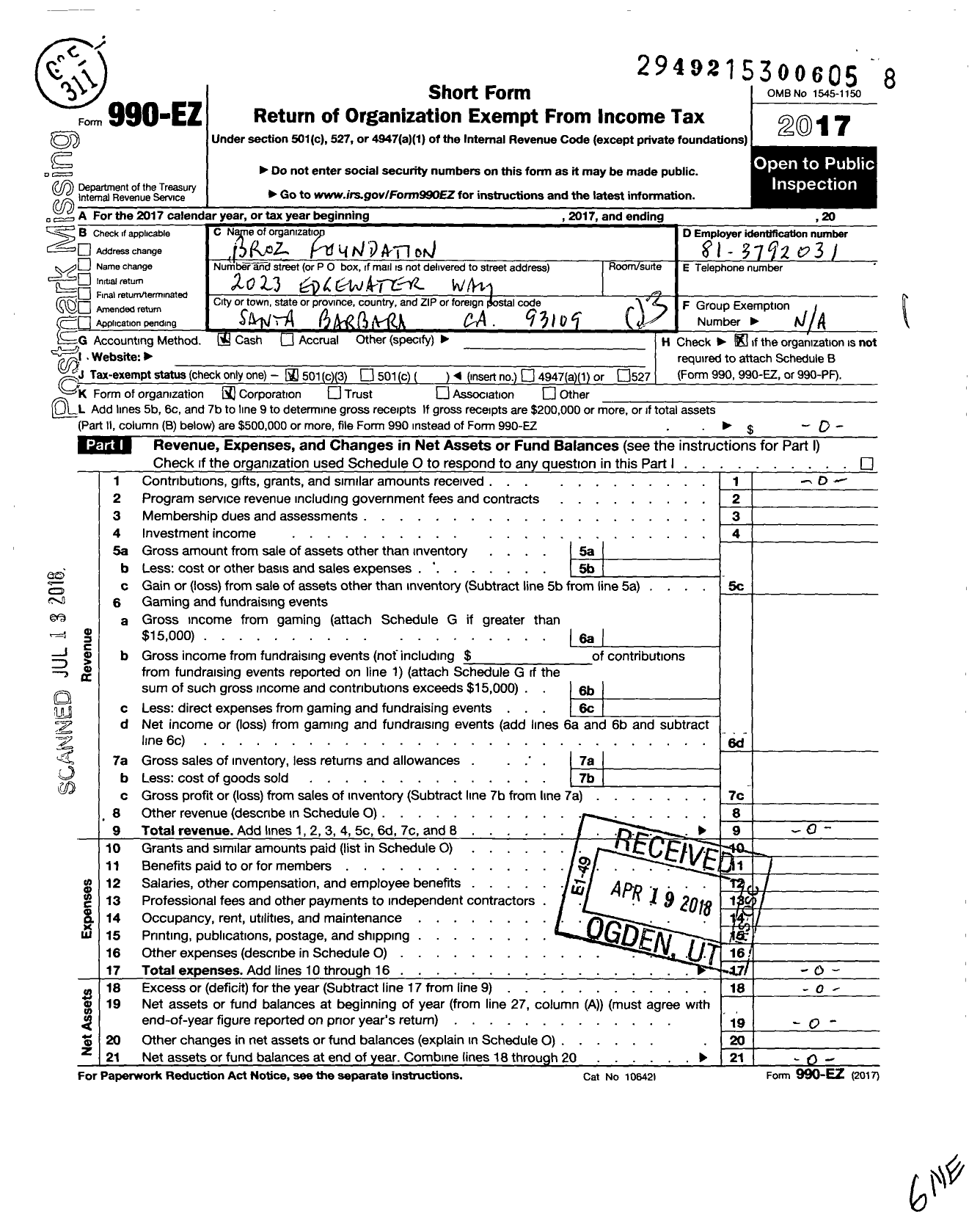 Image of first page of 2017 Form 990EZ for Broz Foundation