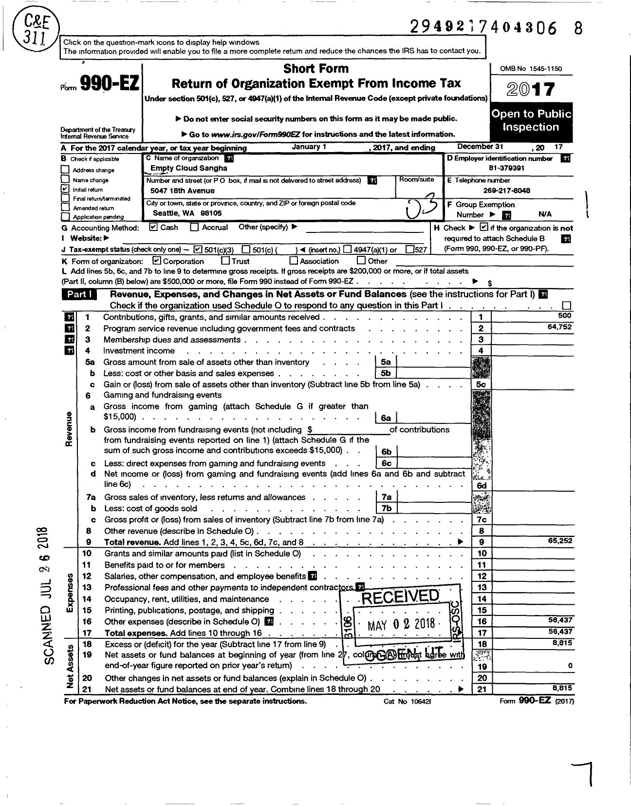 Image of first page of 2017 Form 990EZ for Empty Cloud Sangha