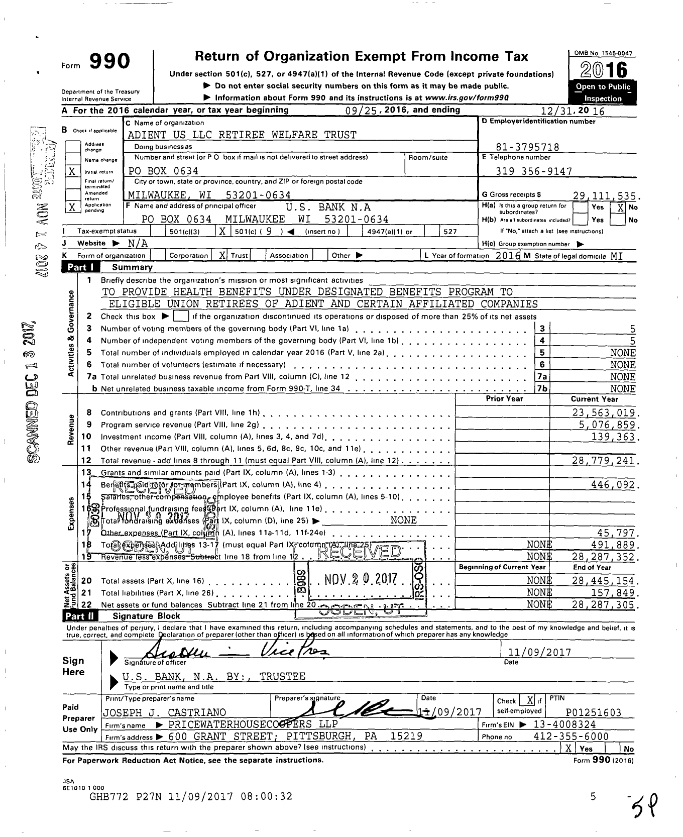 Image of first page of 2016 Form 990O for Adient Us LLC Retiree Welfare Trust