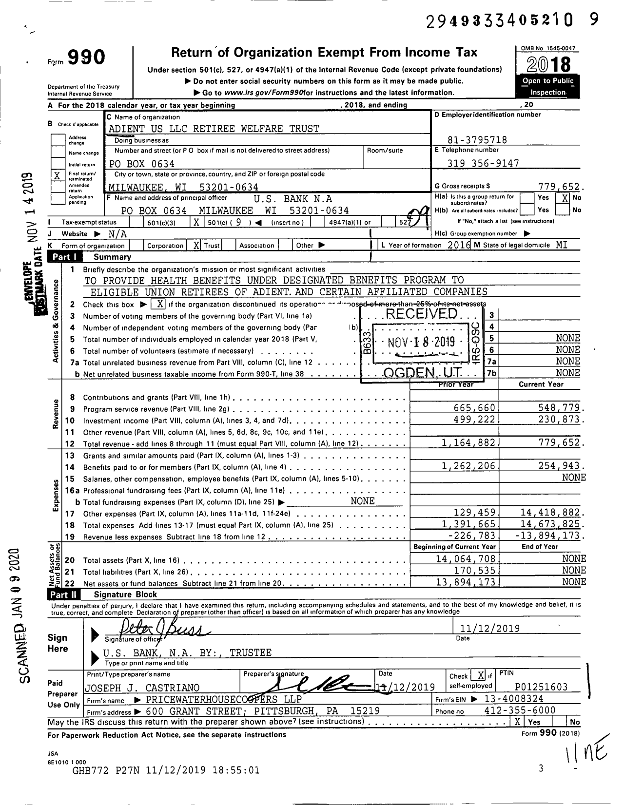 Image of first page of 2018 Form 990O for Adient Us LLC Retiree Welfare Trust