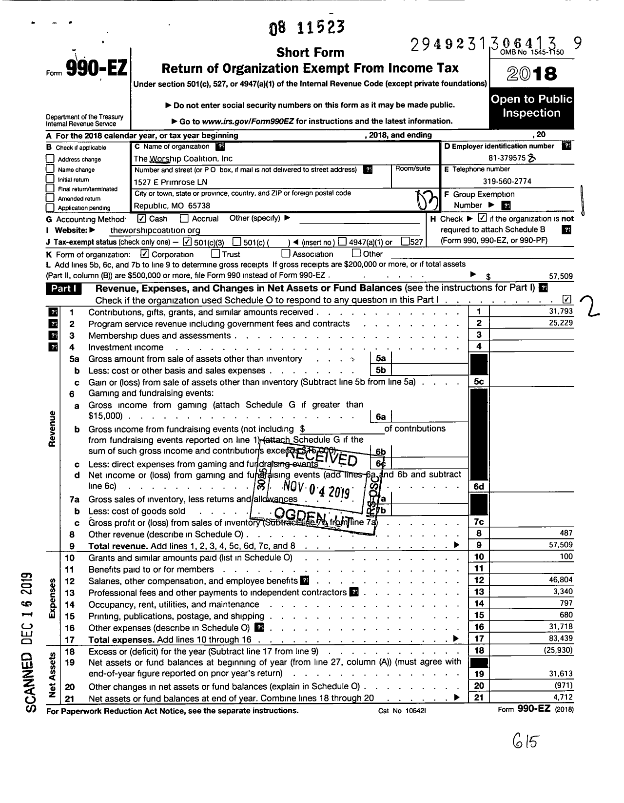 Image of first page of 2018 Form 990EZ for Worship Coalition