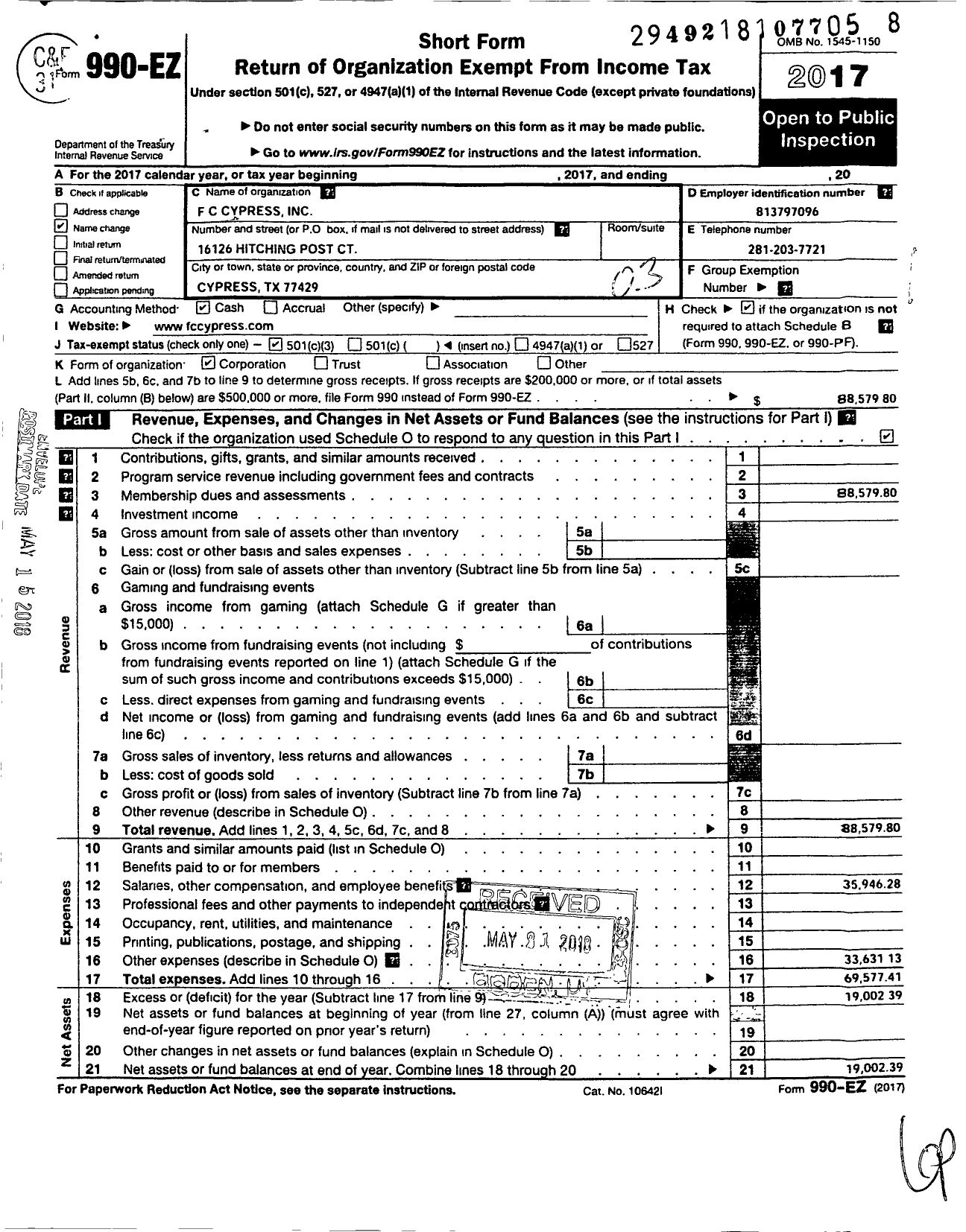 Image of first page of 2017 Form 990EZ for FC Cypress