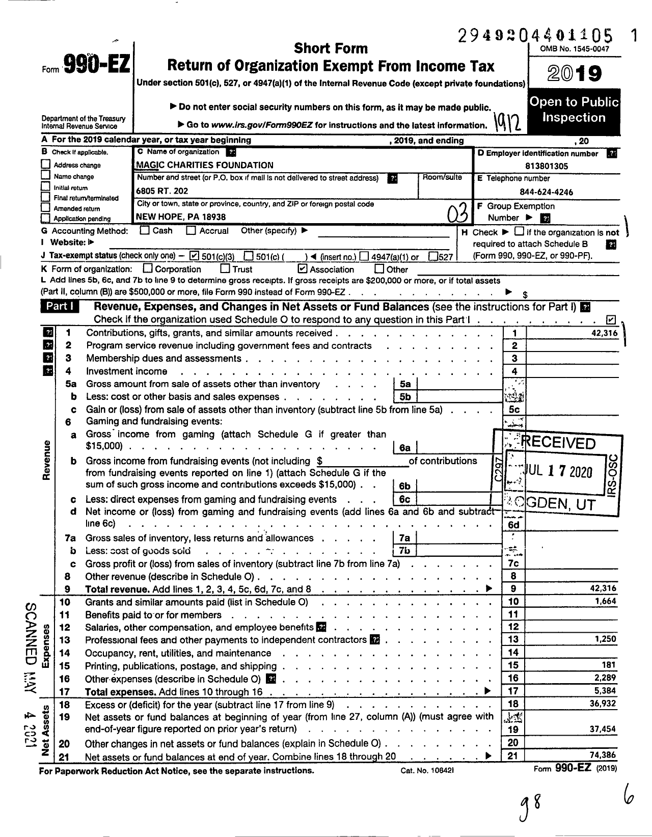 Image of first page of 2019 Form 990EZ for Magic Charities Foundation