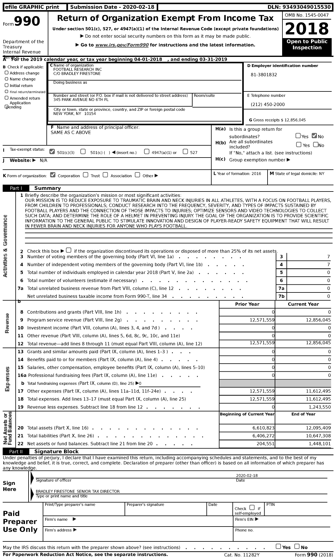 Image of first page of 2018 Form 990 for Football Research