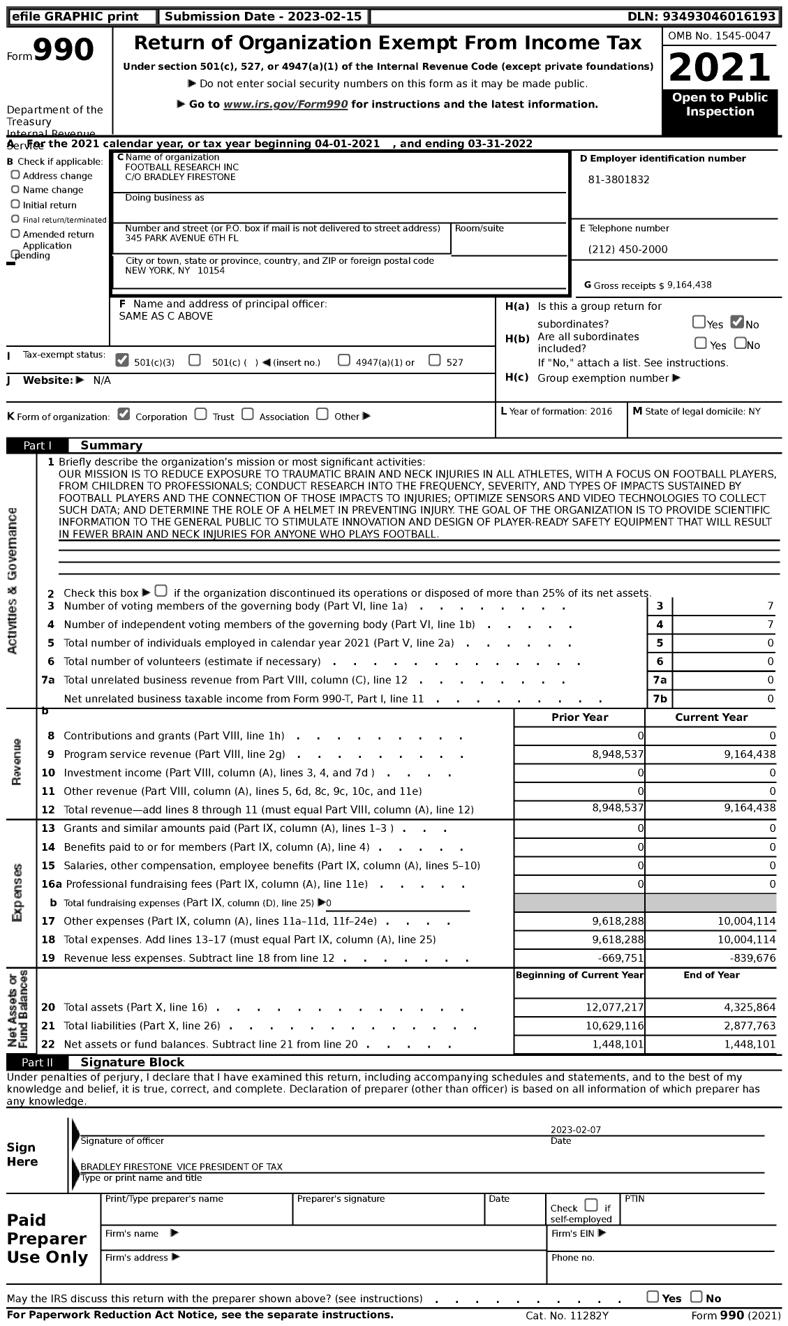 Image of first page of 2021 Form 990 for Football Research