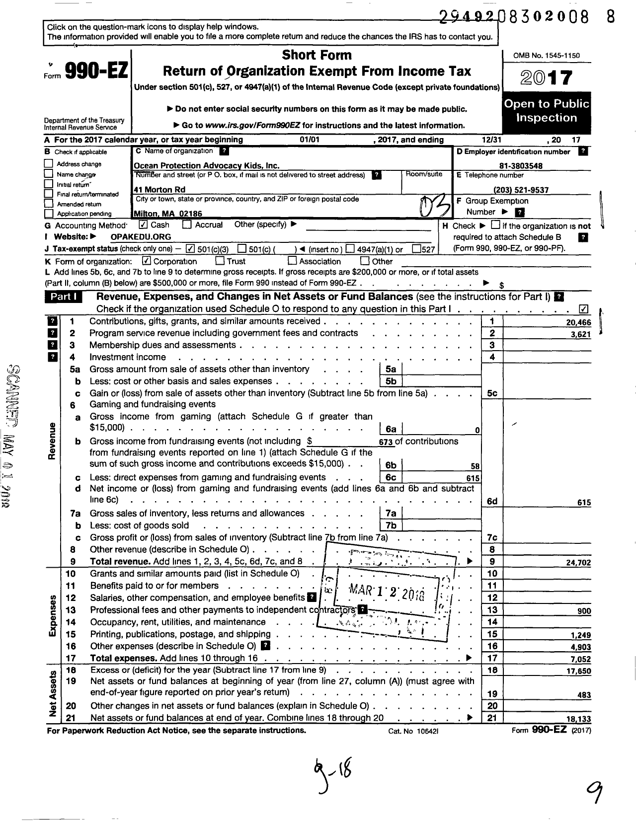 Image of first page of 2017 Form 990EZ for Ocean Protection Advocacy Kids (OPAK)