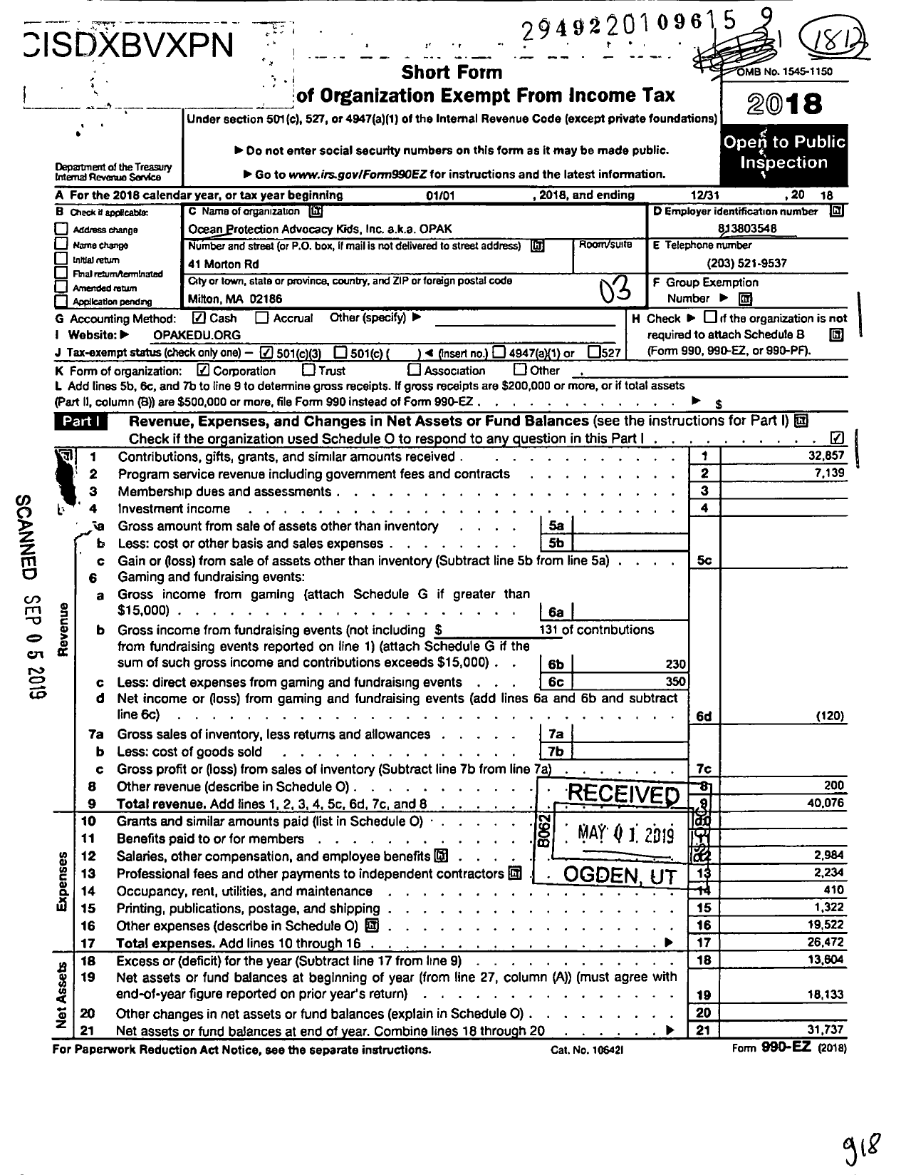 Image of first page of 2018 Form 990EZ for Ocean Protection Advocacy Kids (OPAK)