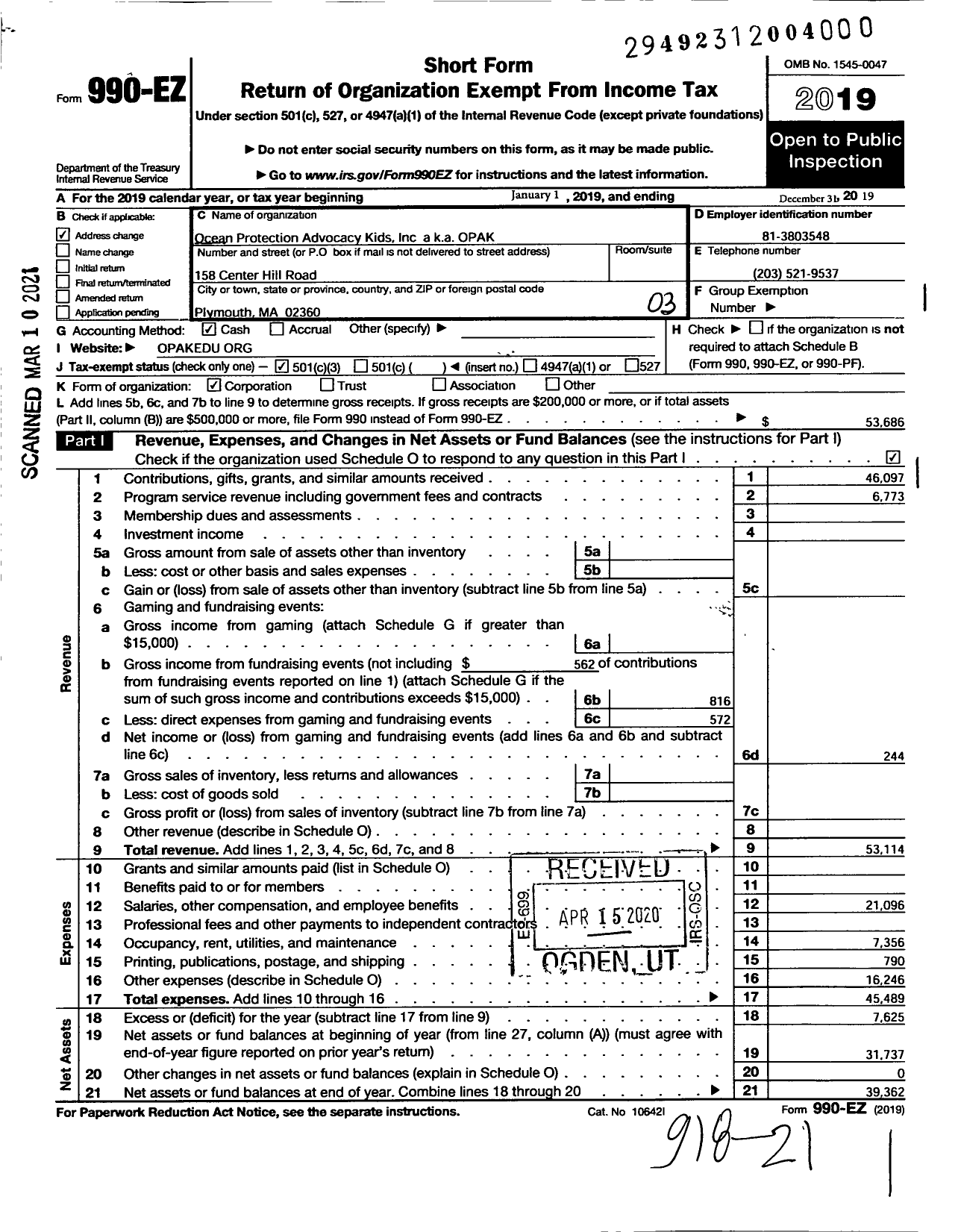 Image of first page of 2019 Form 990EZ for Ocean Protection Advocacy Kids (OPAK)