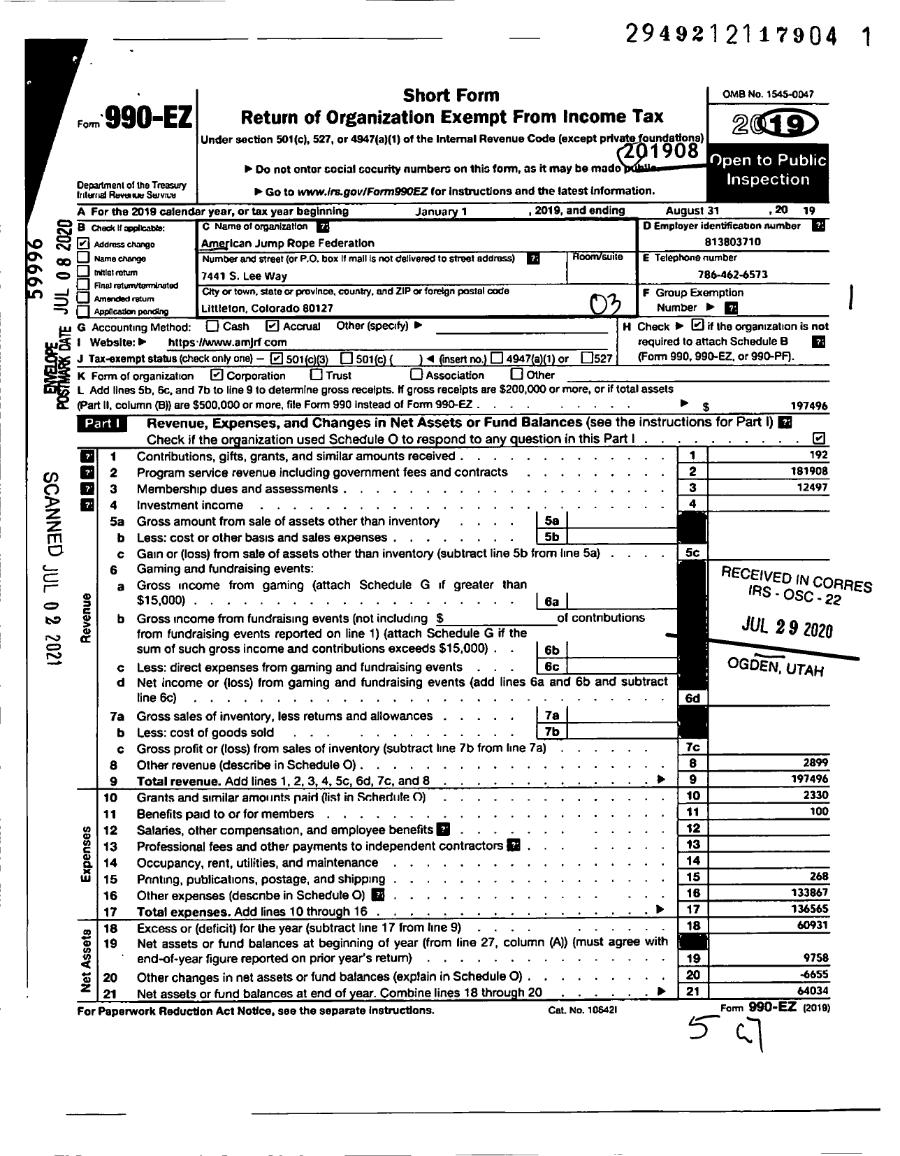Image of first page of 2018 Form 990EZ for American Jump Rope Federation