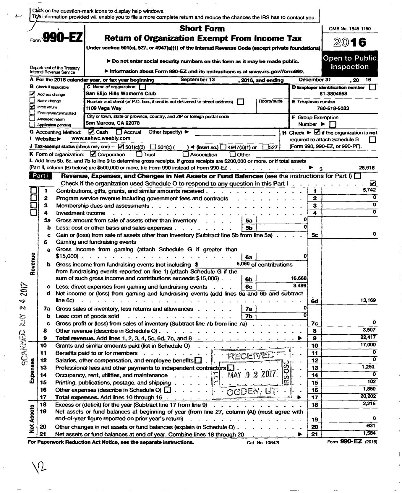 Image of first page of 2016 Form 990EZ for San Elijo Hills Womens Club