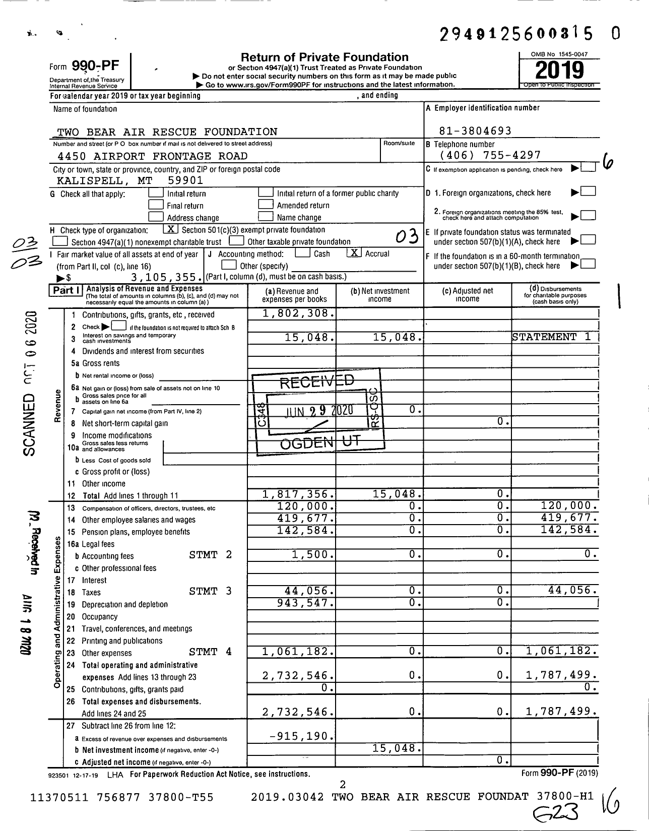 Image of first page of 2019 Form 990PR for Two Bear Air Rescue Foundation