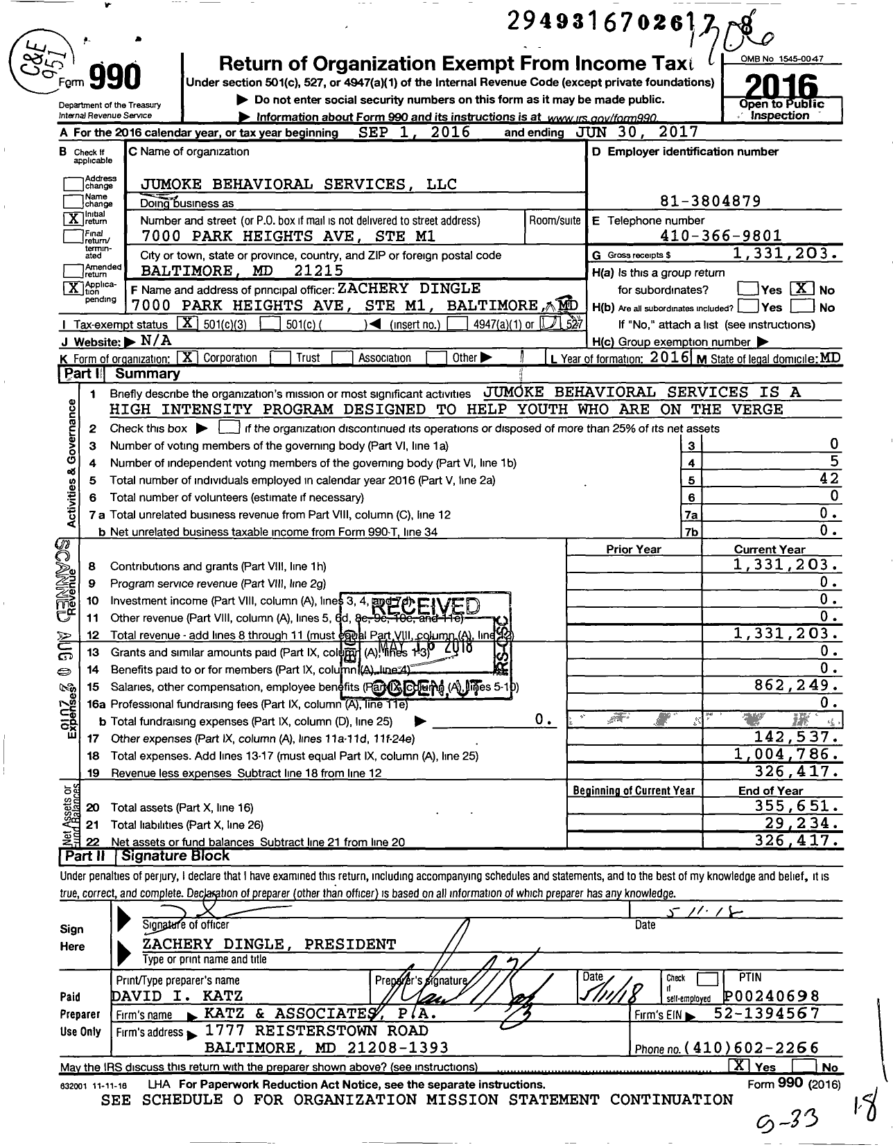 Image of first page of 2016 Form 990 for Jumoke Behavioral Services