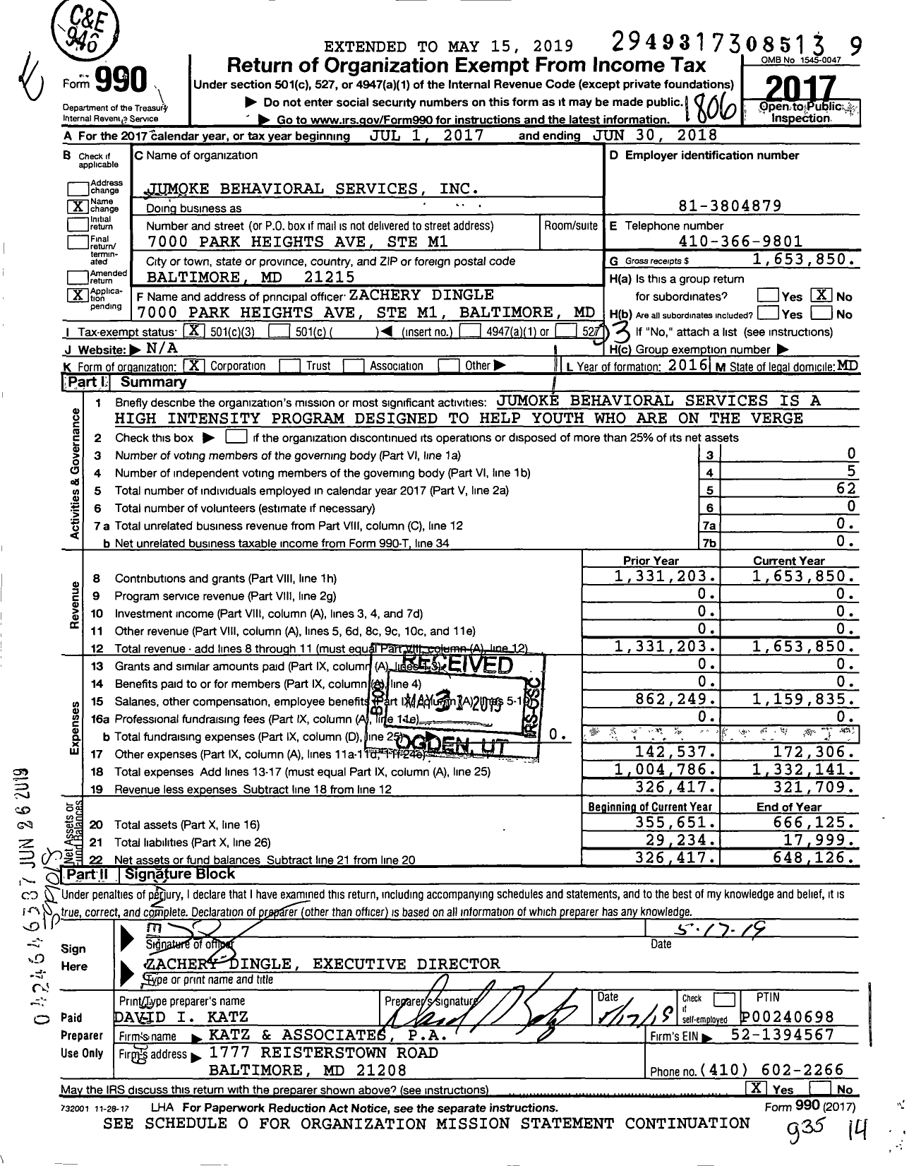 Image of first page of 2017 Form 990 for Jumoke Behavioral Services