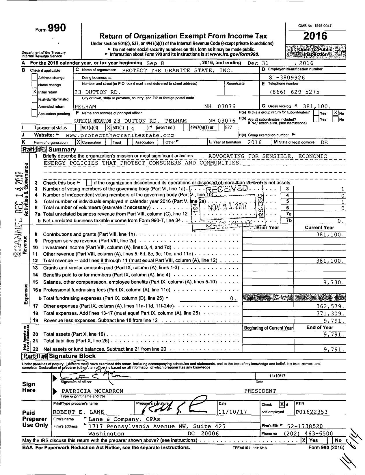 Image of first page of 2016 Form 990O for Protect the Granite State