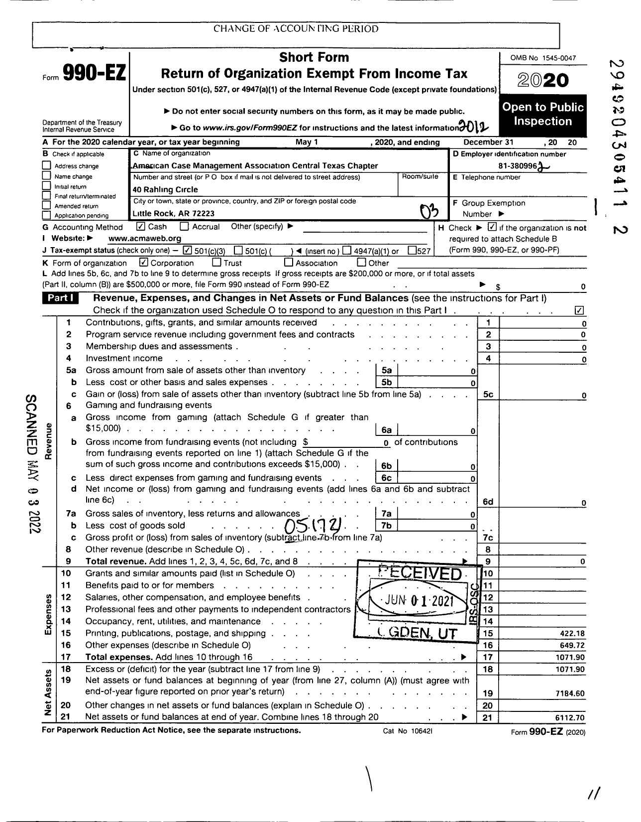 Image of first page of 2020 Form 990EZ for American Case Management Association Central Texas Chapter