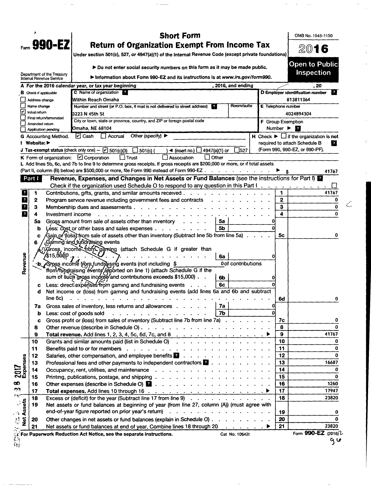 Image of first page of 2016 Form 990EZ for Within Reach Omaha