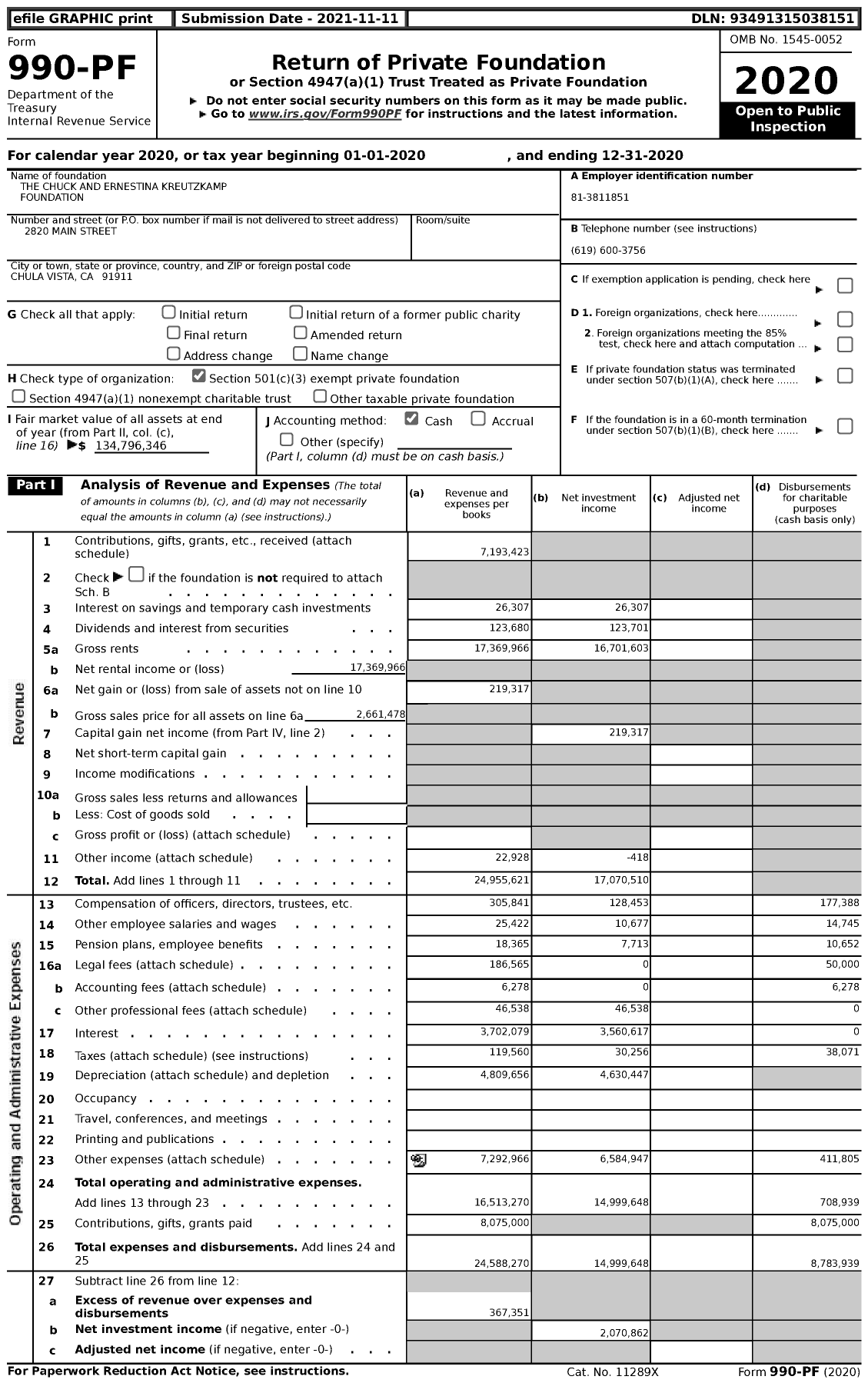 Image of first page of 2020 Form 990PF for The Chuck and Ernestina Kreutzkamp Foundation