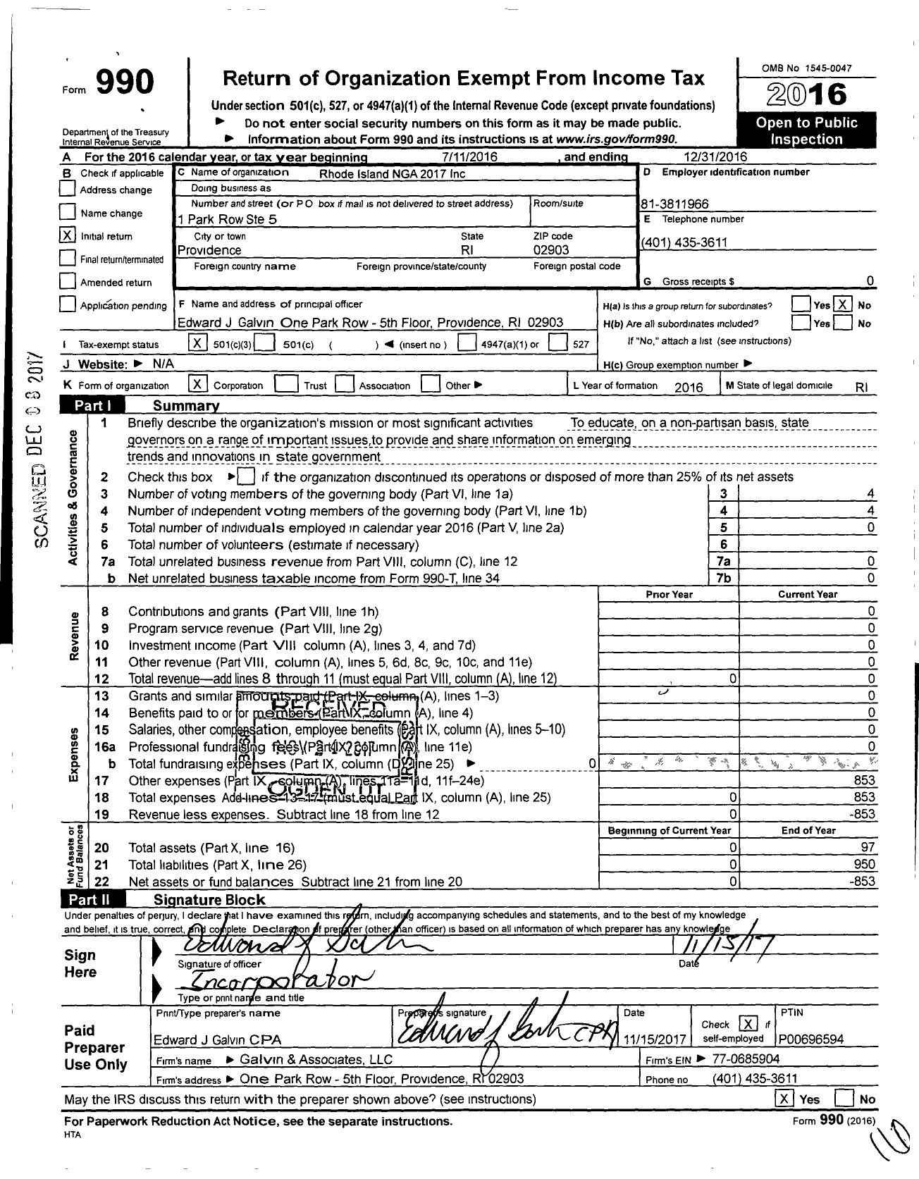 Image of first page of 2016 Form 990 for Rhode Island Inauguration 2019