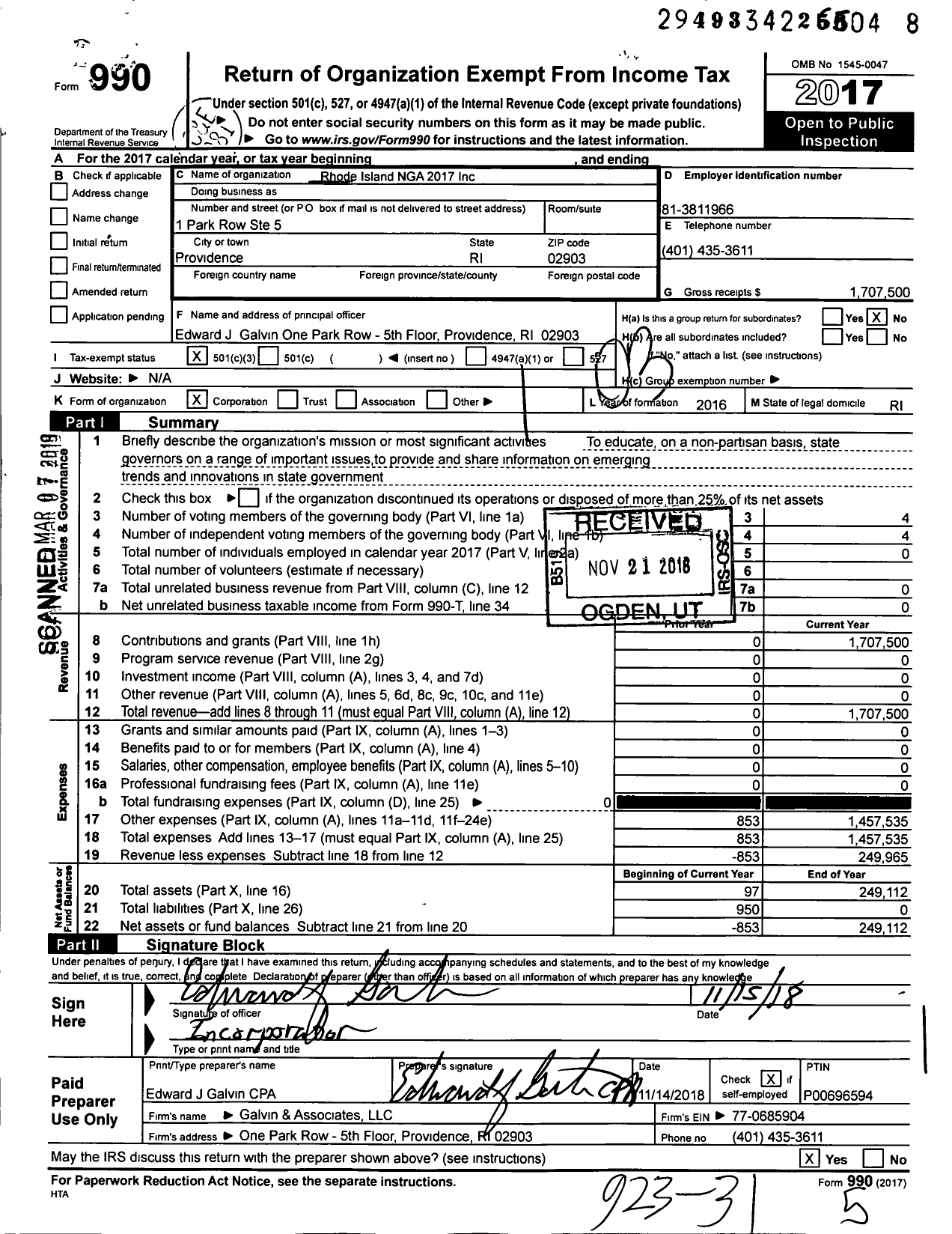 Image of first page of 2017 Form 990 for Rhode Island Inauguration 2019