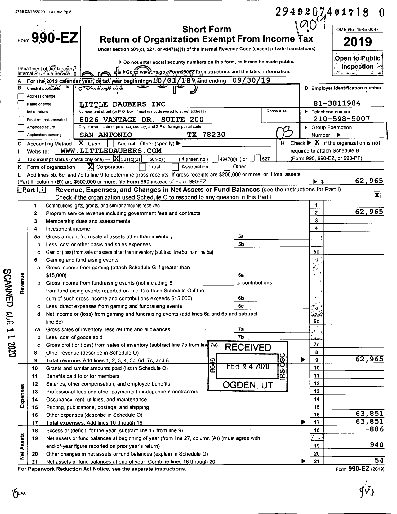 Image of first page of 2018 Form 990EZ for Little Daubers