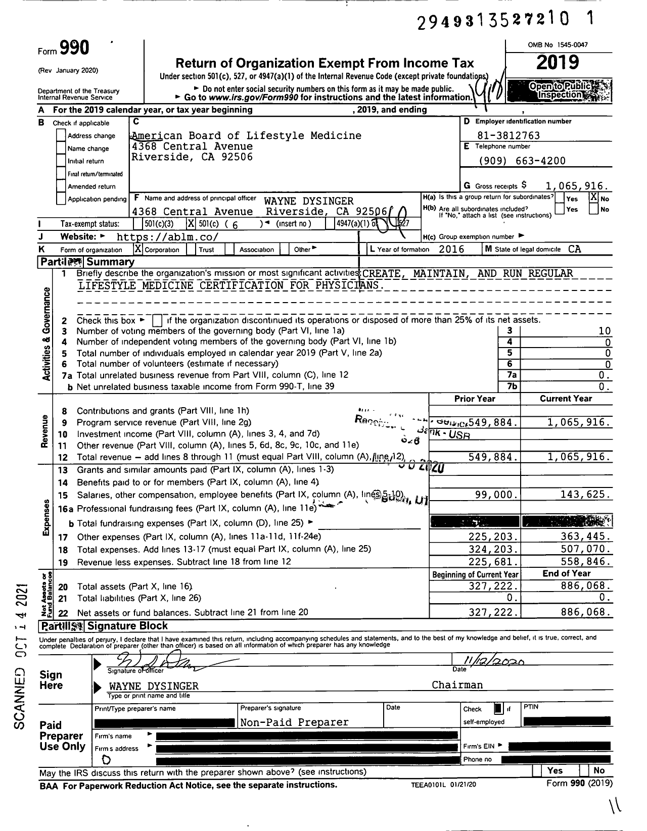 Image of first page of 2019 Form 990O for American Board of Lifestyle Medicine